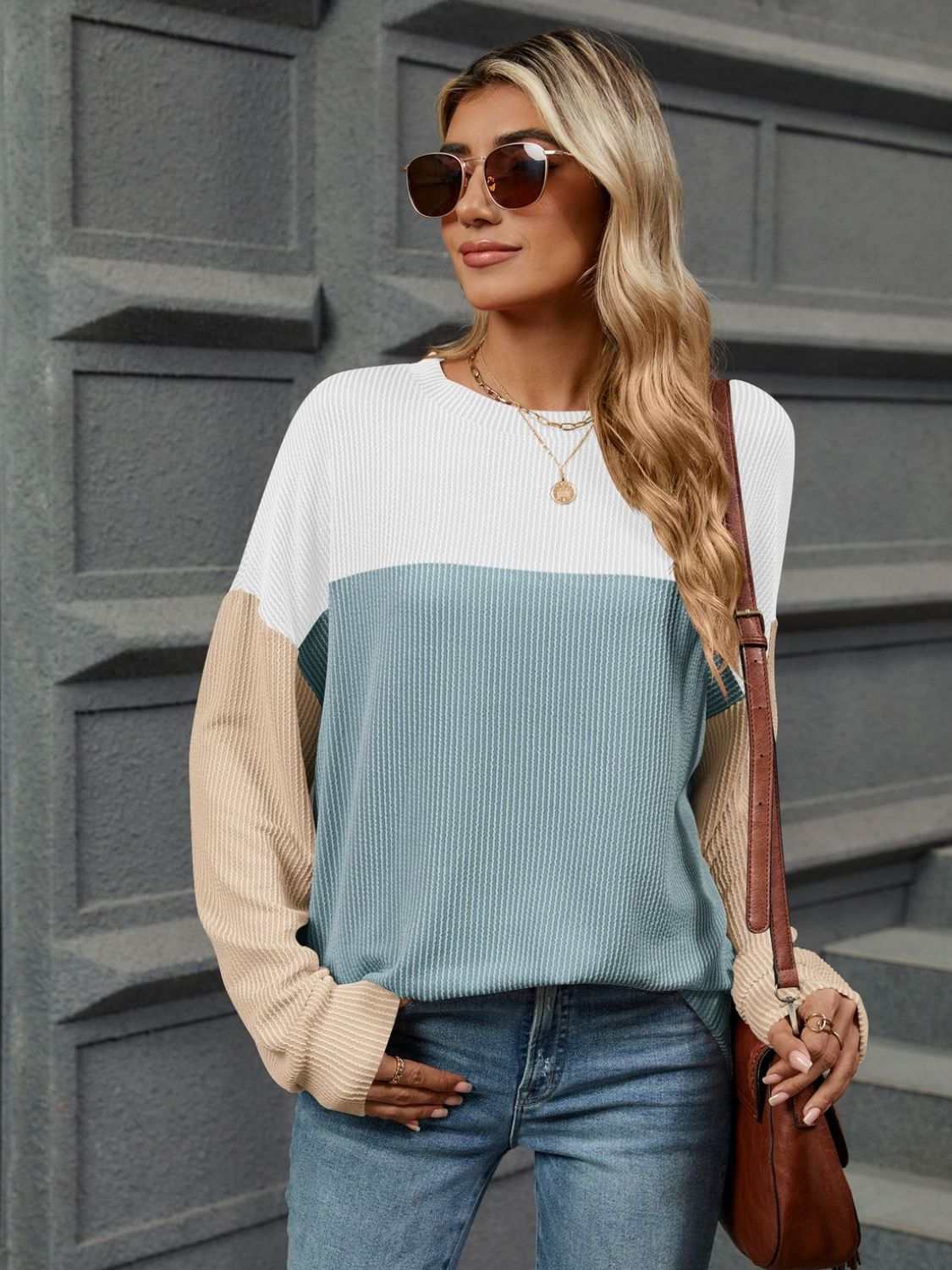 Double Take Contrast Round Neck Long Sleeve T-Shirt Light Blue