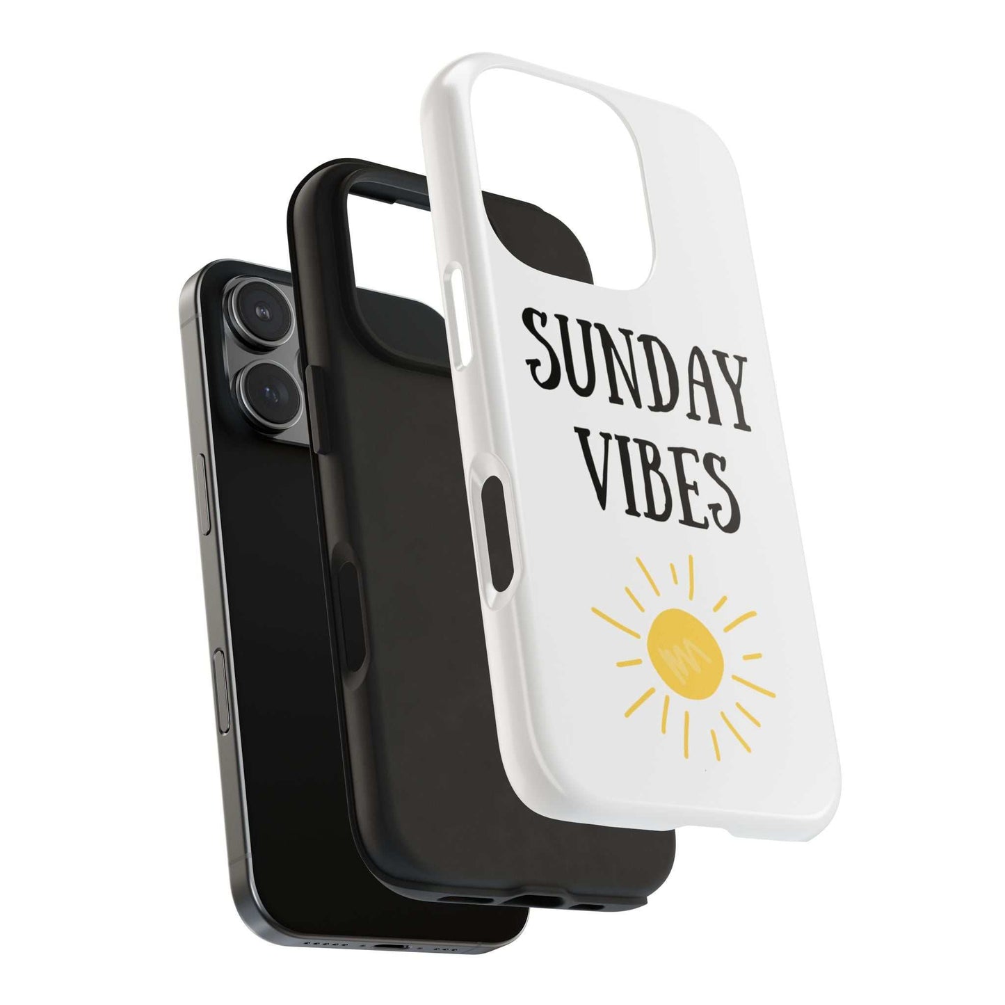 Phone case with 'Sunday Vibes' sun graphic design, durable Lexan plastic, glossy finish, UV protected.