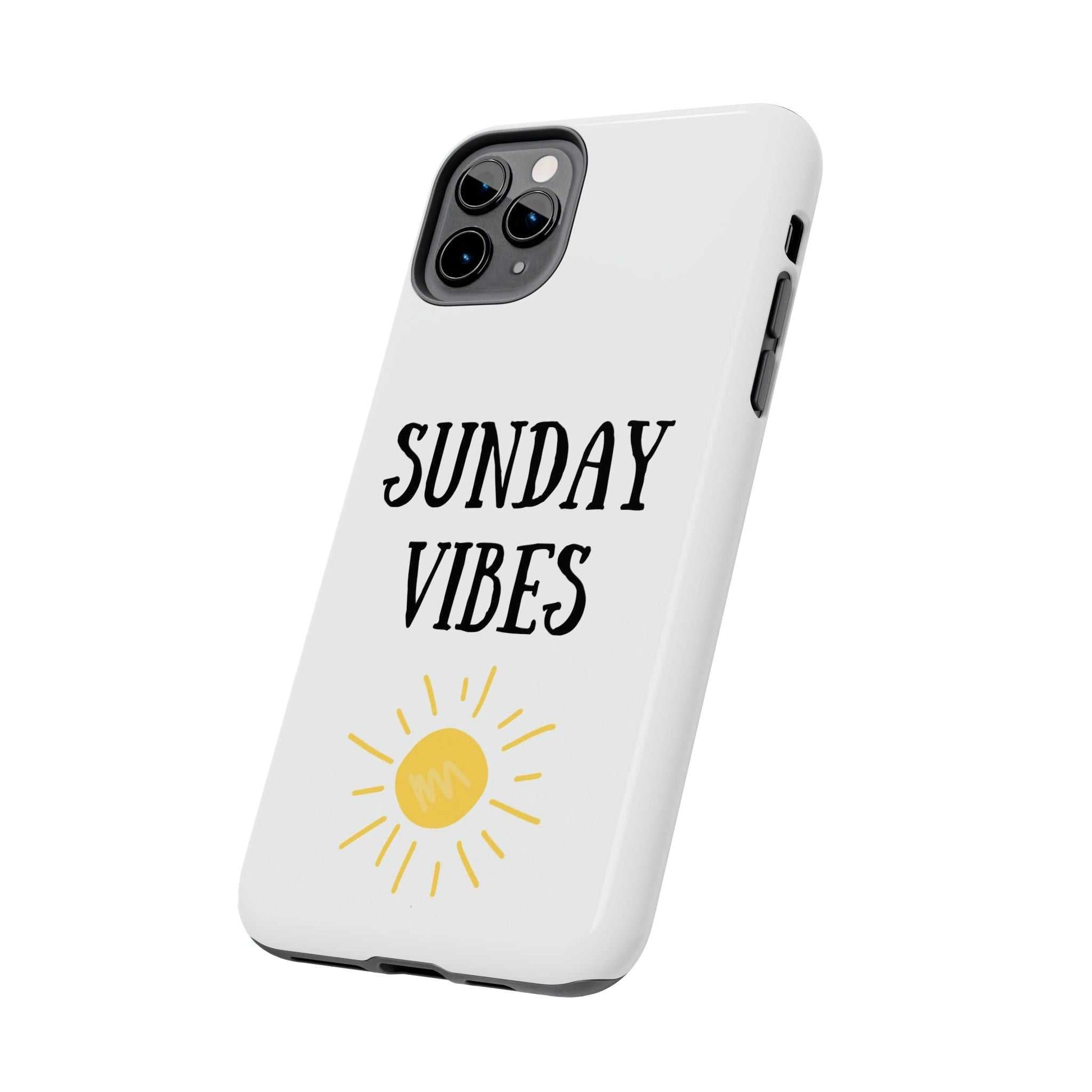 Phone case with 'Sunday Vibes' sun graphic design, durable Lexan plastic, flexible rubber liner, glossy finish.