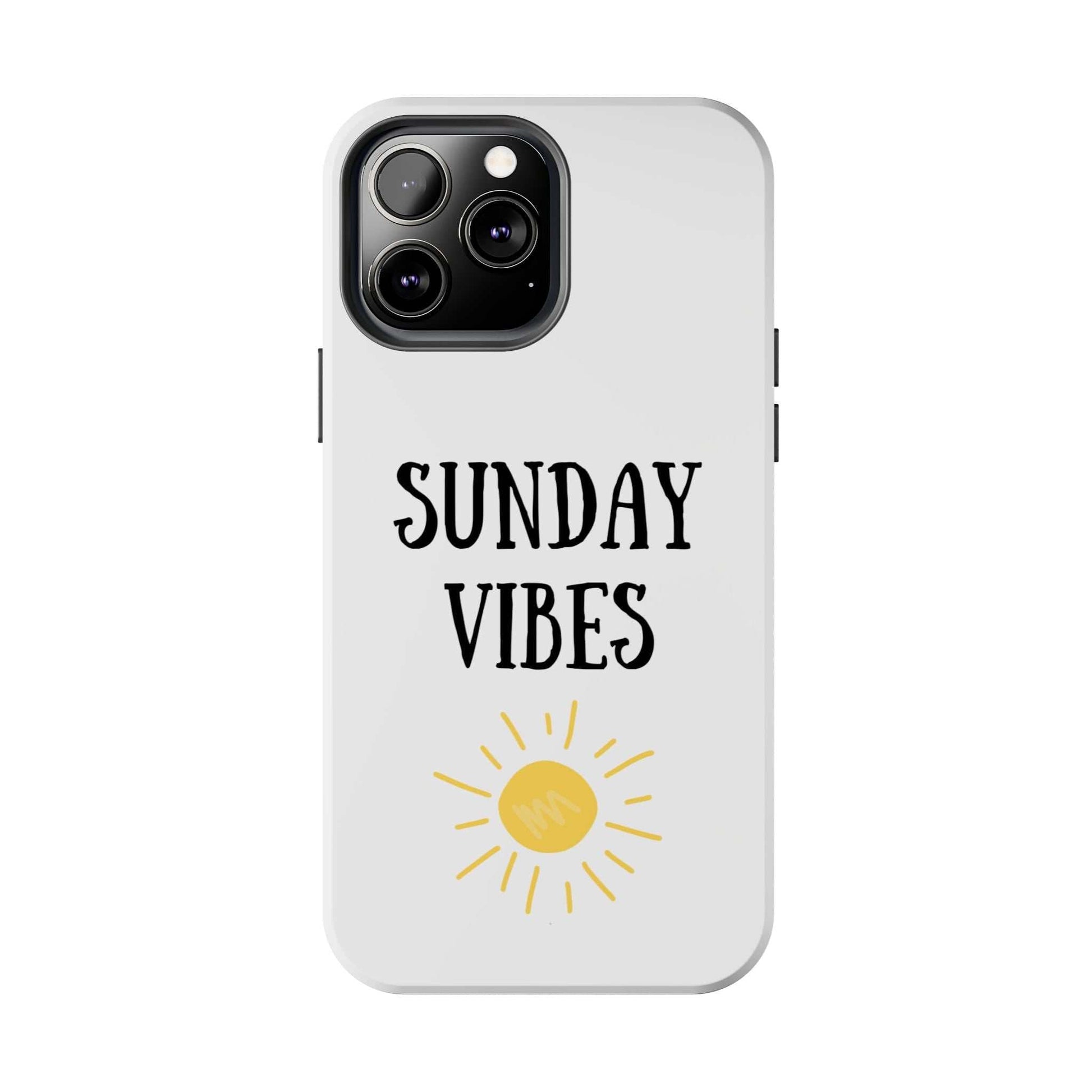 Phone case with 'Sunday Vibes' sun graphic, durable Lexan, glossy finish.