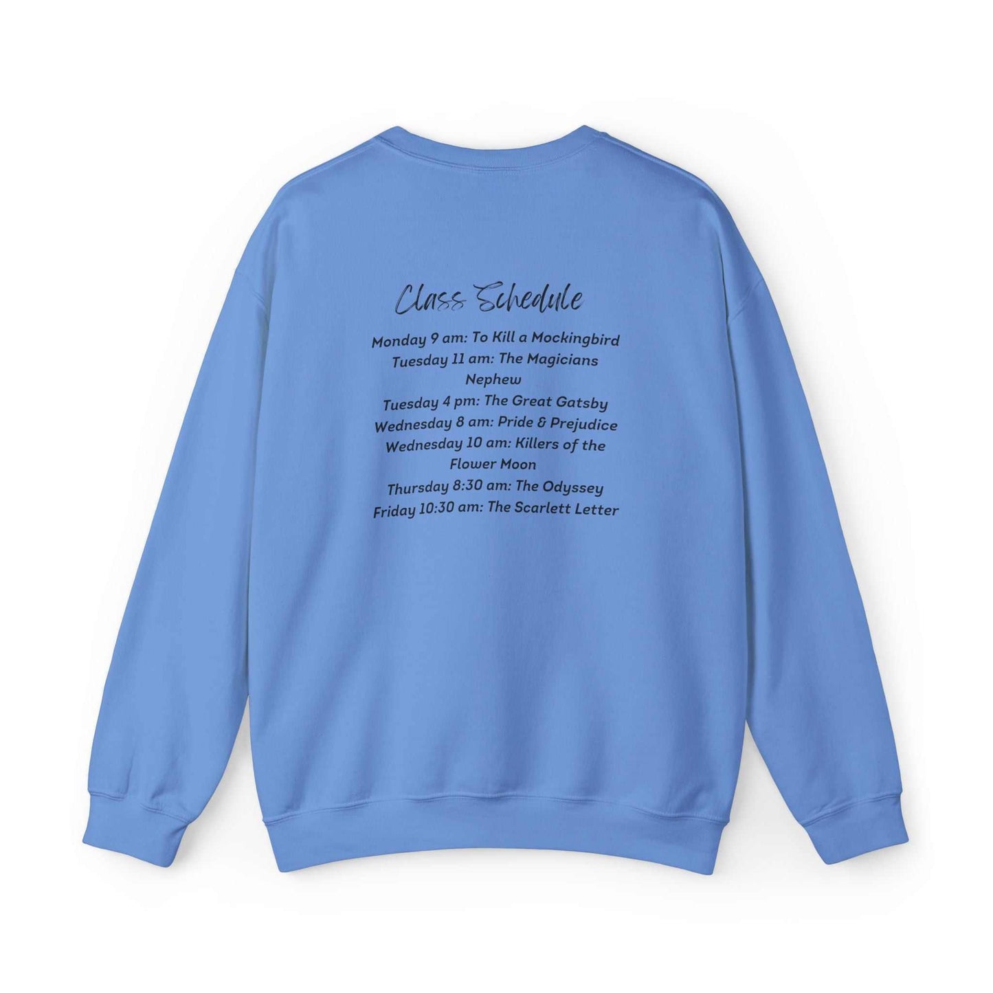 Bookworm University crewneck sweatshirt with Est 2024 design, featuring a book graphic, made of a cotton-polyester blend for comfort and durability.