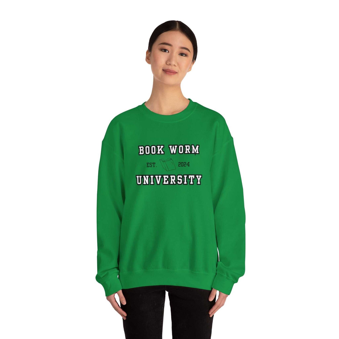 Bookworm University Crewneck Sweatshirt in green with 'Est 2024' design, ideal for book lovers.