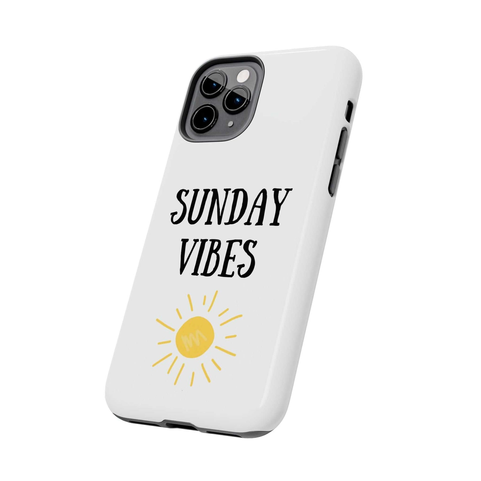 Phone case with 'Sunday Vibes' sun graphic design, durable Lexan plastic, shock-absorbent, glossy finish.