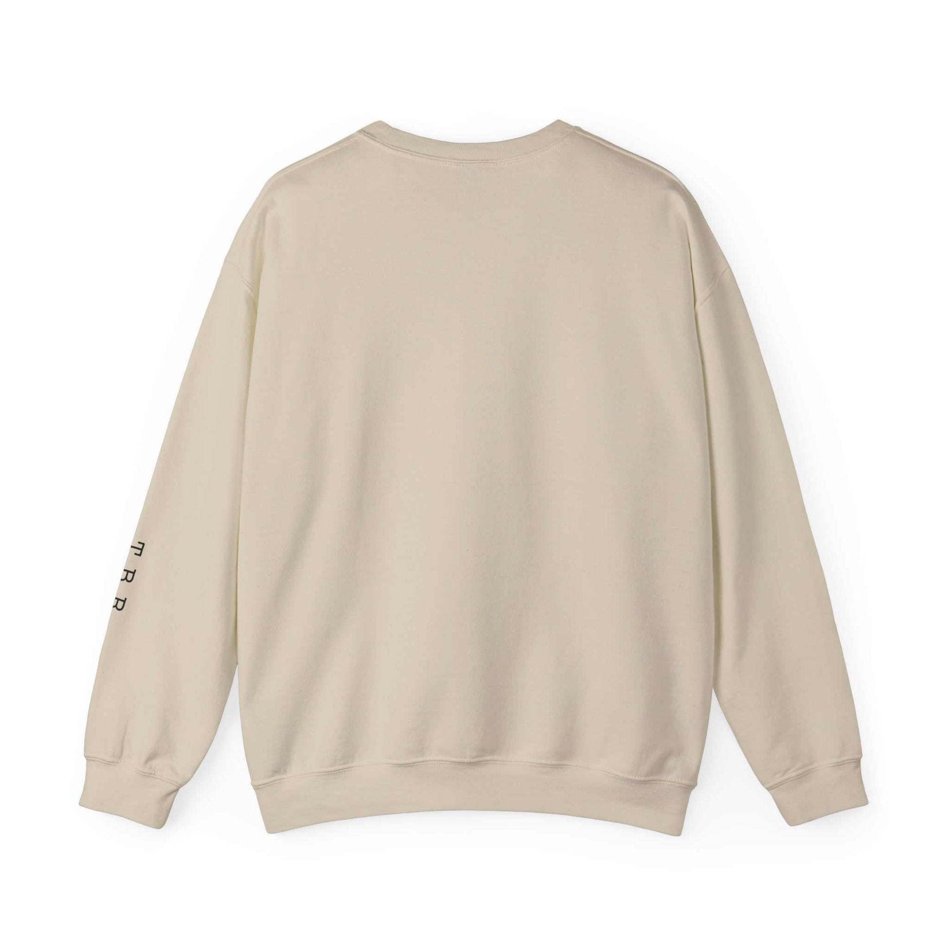 Beige "Tsundoku" crewneck sweatshirt with "T.B.R." on sleeve, medium-heavy fabric, ethically made with US cotton.