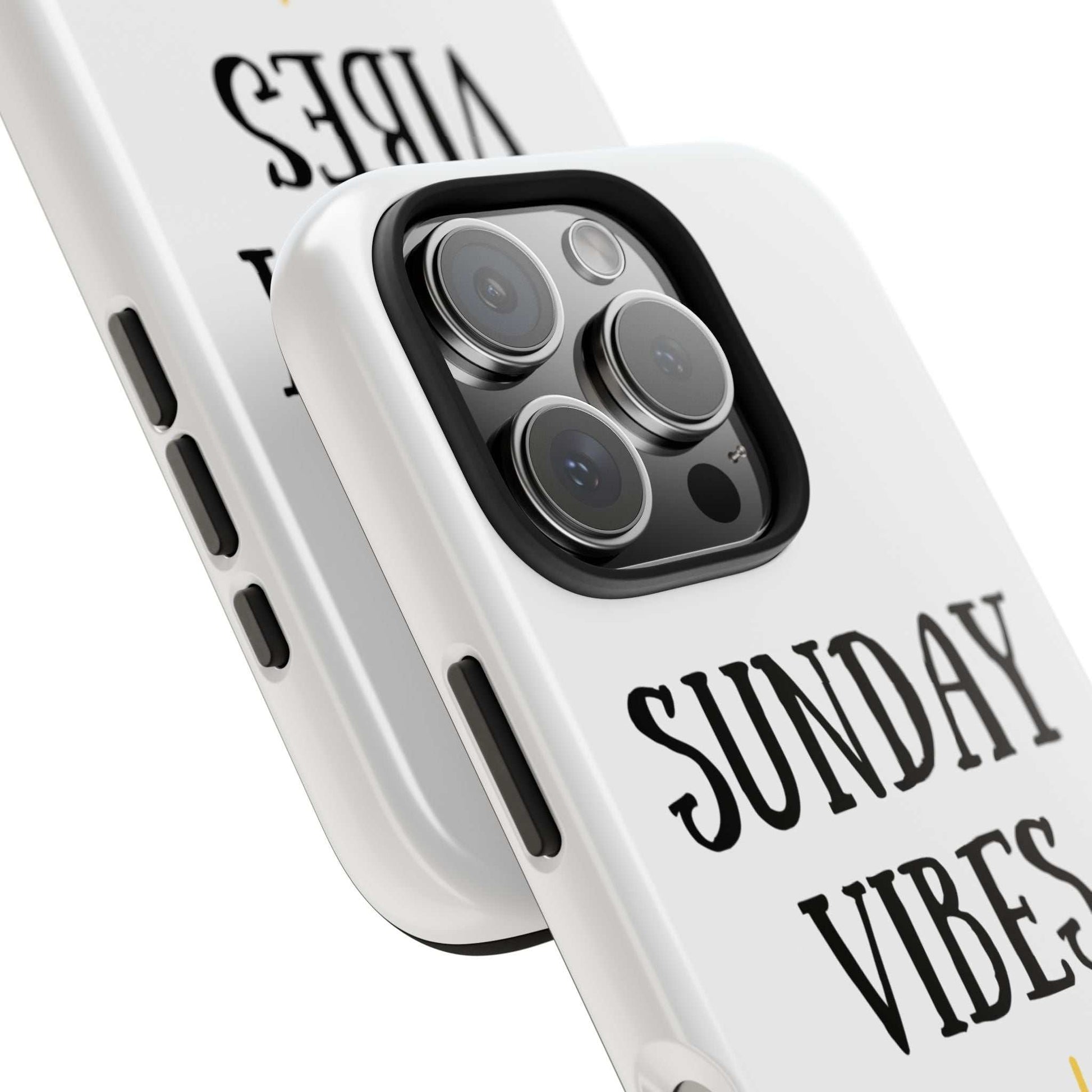 Phone case with 'Sunday Vibes' sun graphic design, durable Lexan plastic, glossy finish.