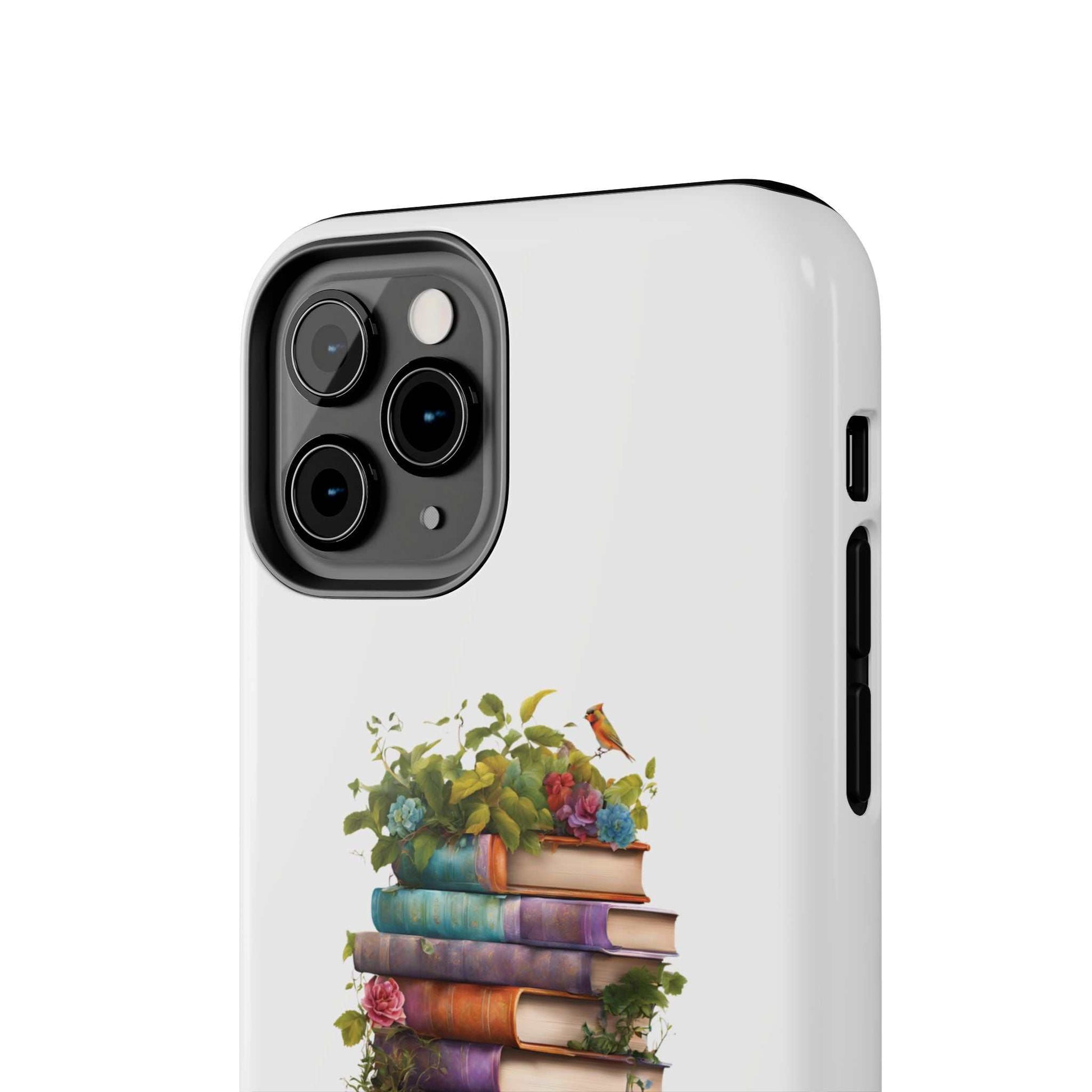 Phone case with book pile design, durable Lexan plastic, ideal for book lovers and students.