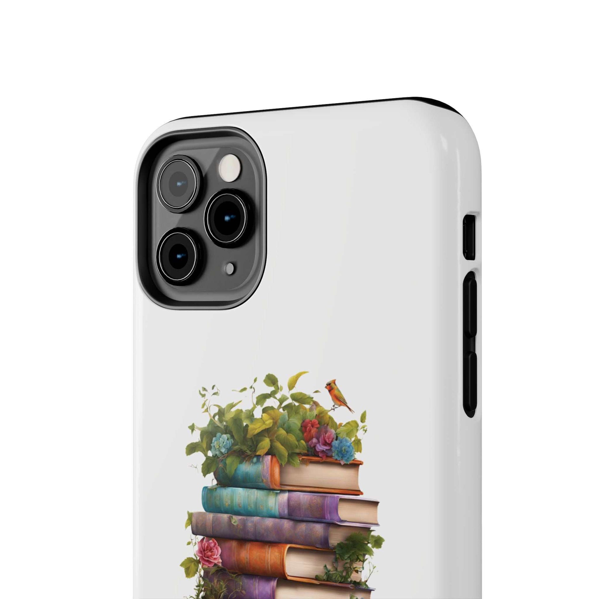 Phone case with book pile design for book lovers, offering protection and style.