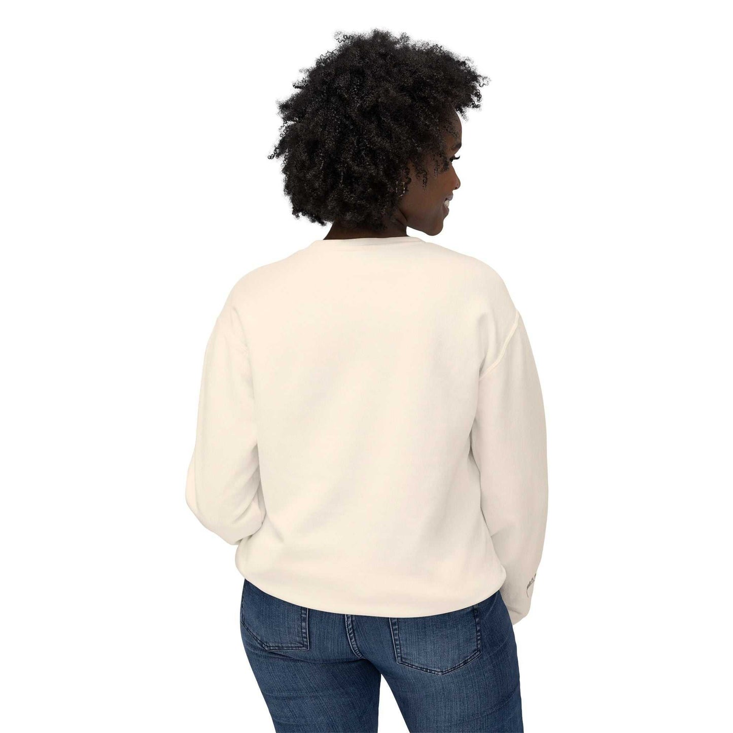 Woman wearing the Queens Mystery Sweatshirt, showcasing a relaxed fit and light color from the back.