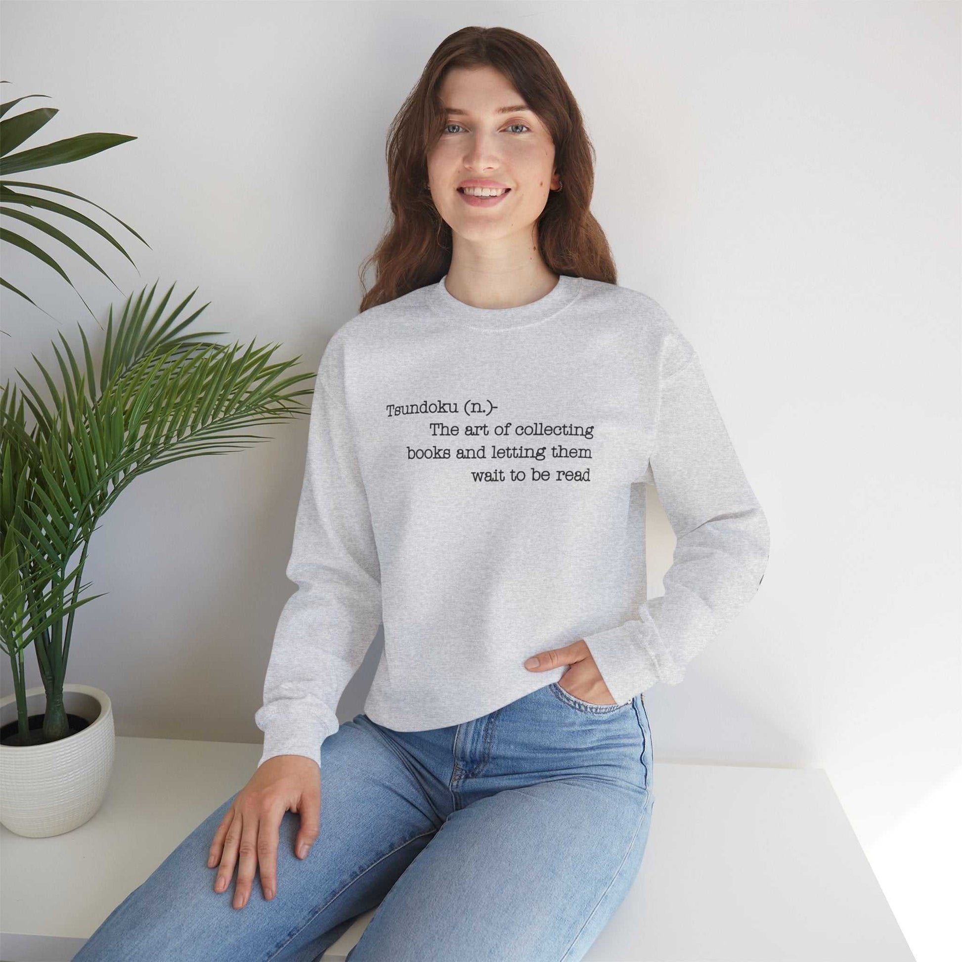 Tsundoku crewneck sweatshirt with definition print, ideal for book lovers.