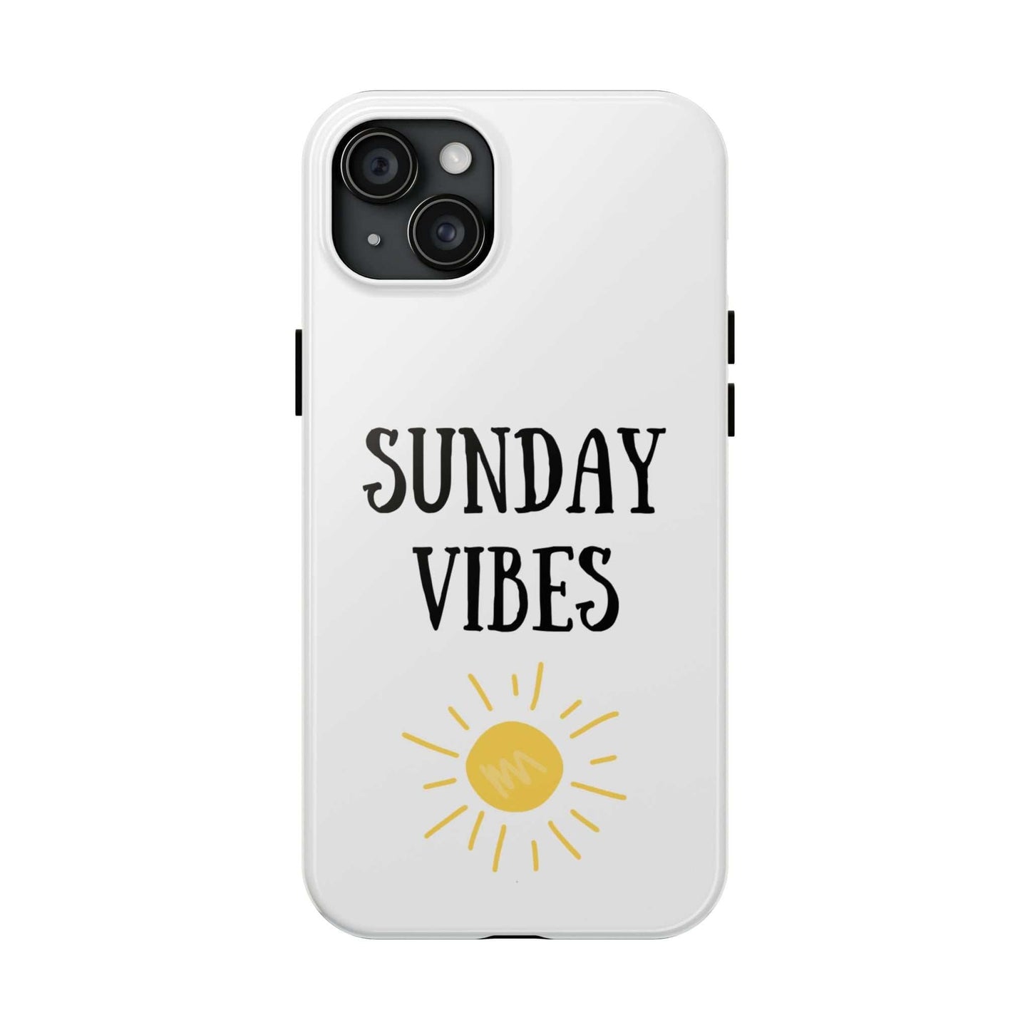 Phone case with 'Sunday Vibes' sun graphic design, strong Lexan plastic, screen protection, shock absorption, glossy finish.