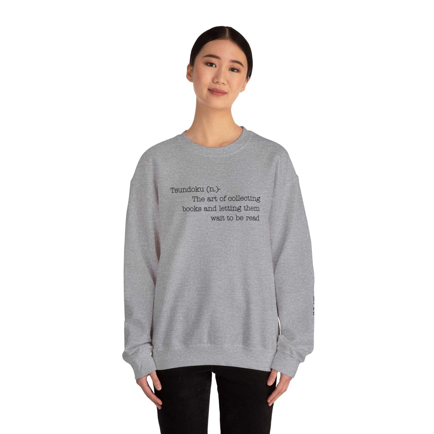 "T. B. R. Tsundoku" crewneck sweatshirt featuring a definition graphic, ideal for book lovers.