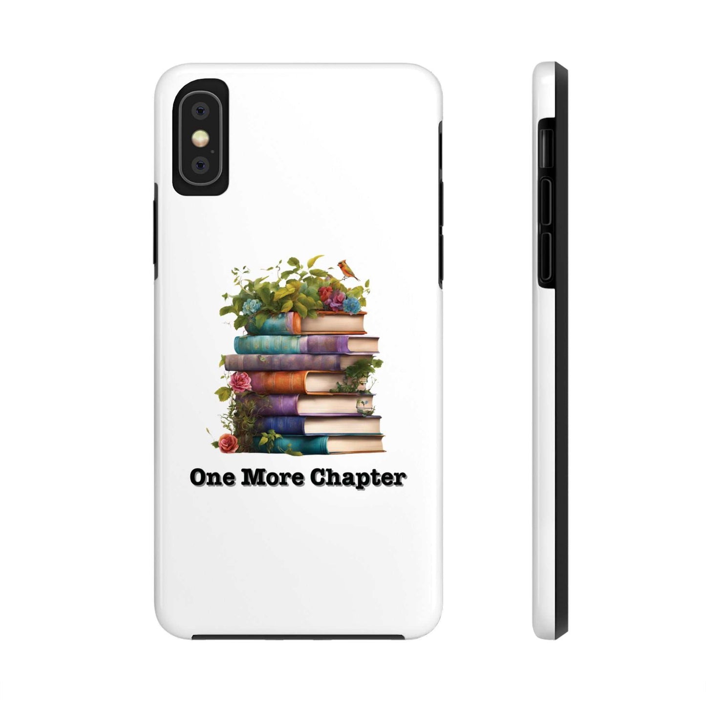 Phone case with book pile design, "One More Chapter" text, durable Lexan plastic, glossy finish.