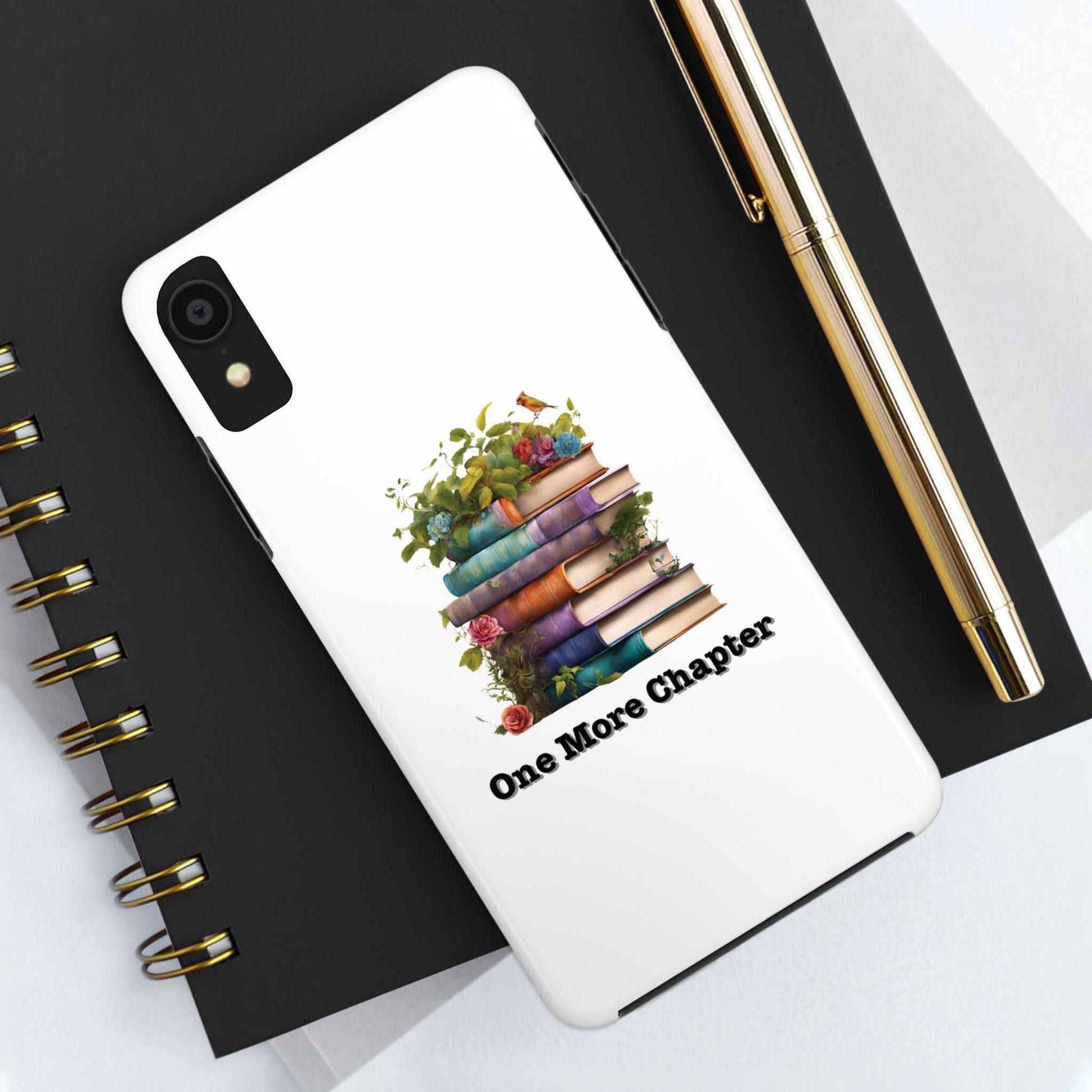 Phone case with One More Chapter book pile design for book lovers.