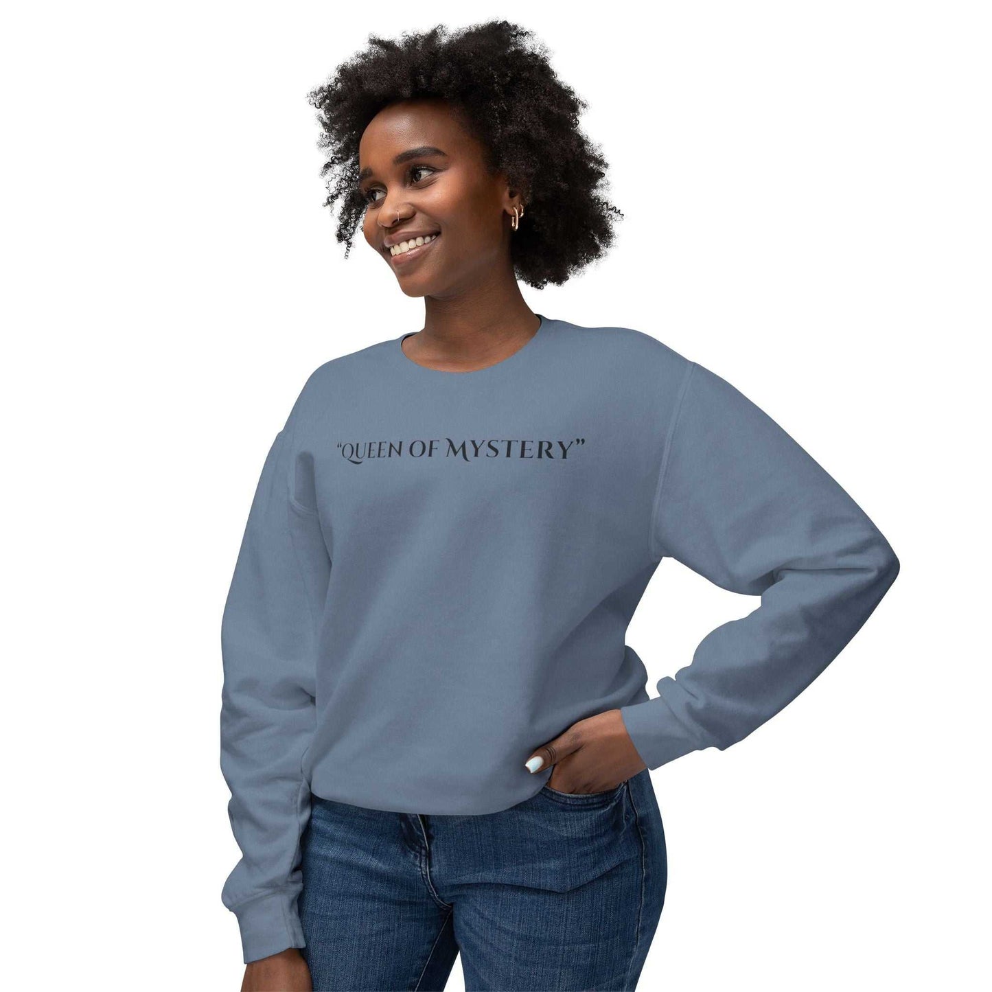 Queens Mystery Sweatshirt with intriguing design worn by smiling woman.