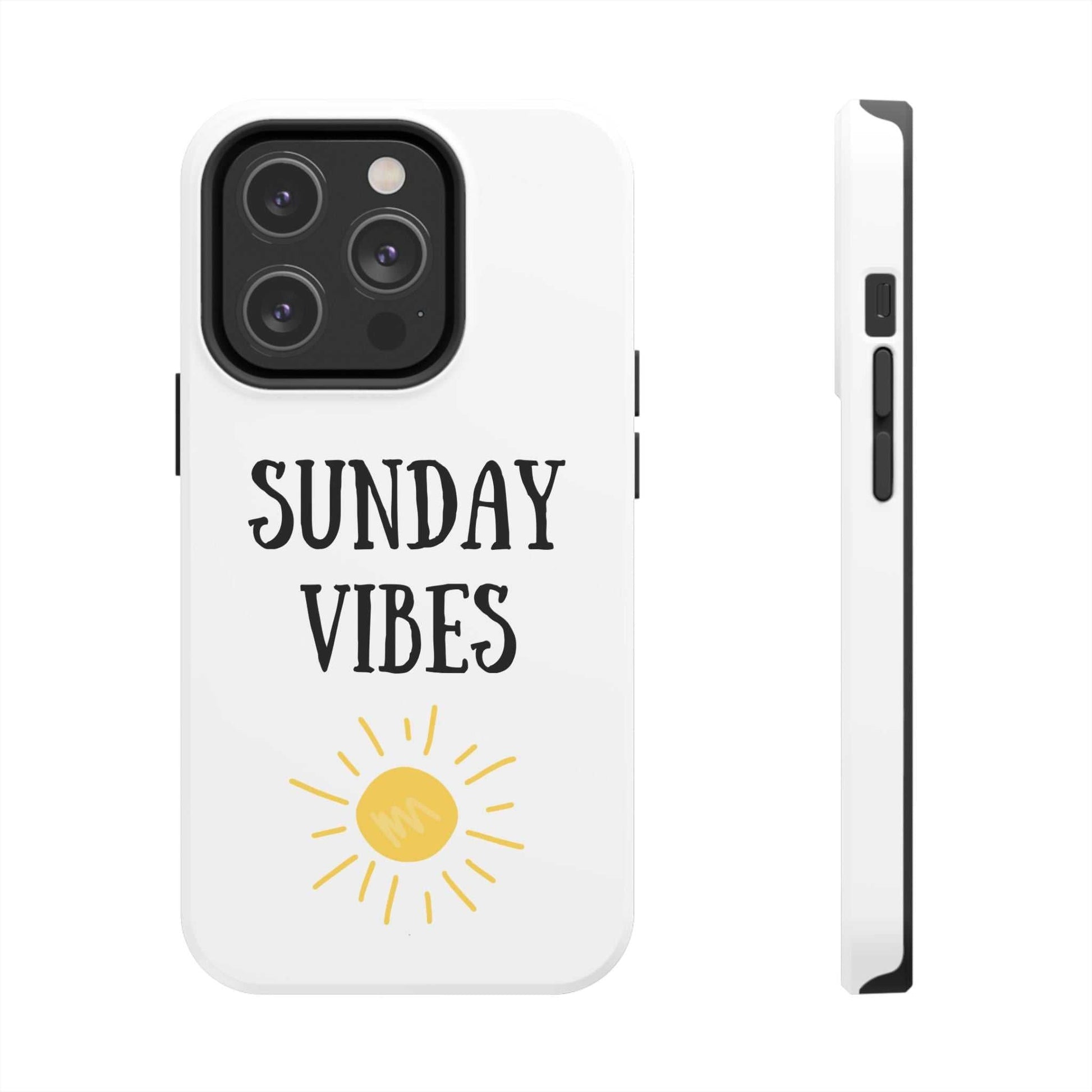 Phone case with 'Sunday Vibes' sun graphic design, durable Lexan plastic, glossy finish.