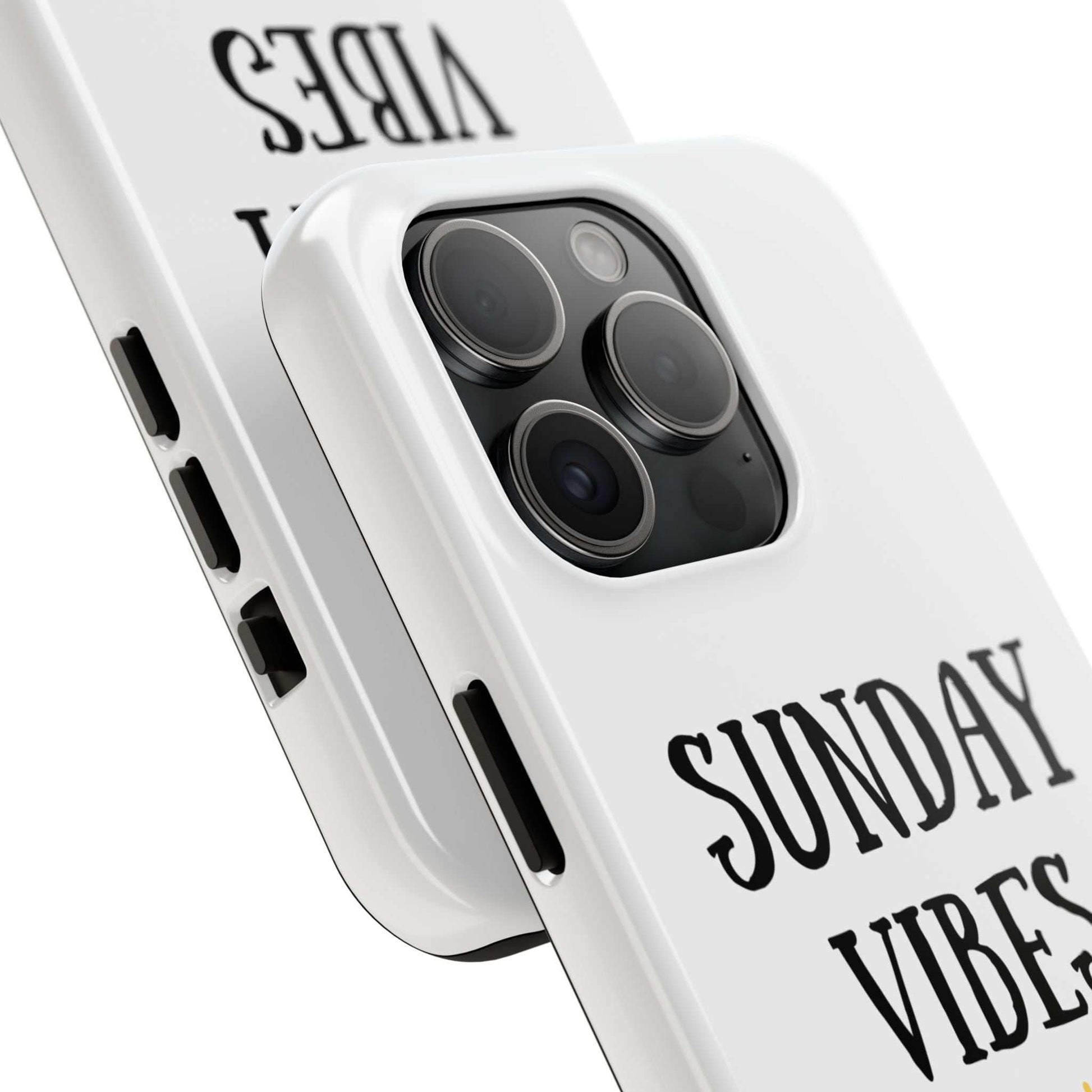 Phone case with 'Sunday Vibes' sun graphic design, durable Lexan plastic, glossy finish.