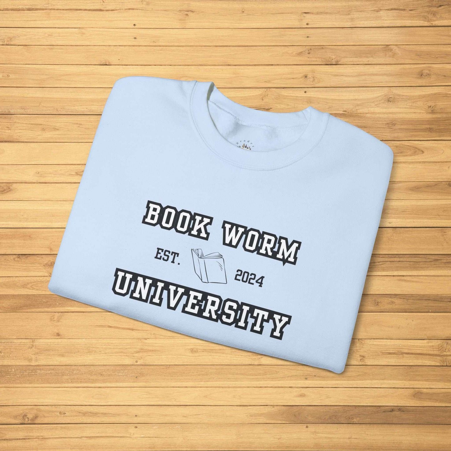 Bookworm University Crewneck Sweatshirt with Est 2024 Design, featuring a book graphic, classic fit, and cozy fabric blend.