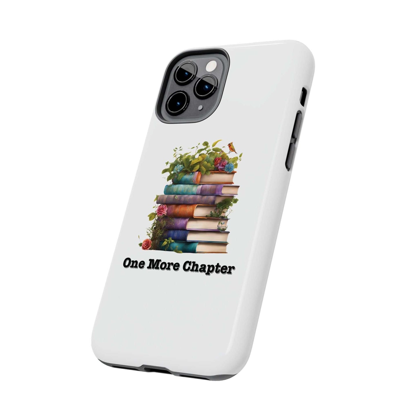 Phone case with One More Chapter book pile design for book lovers.