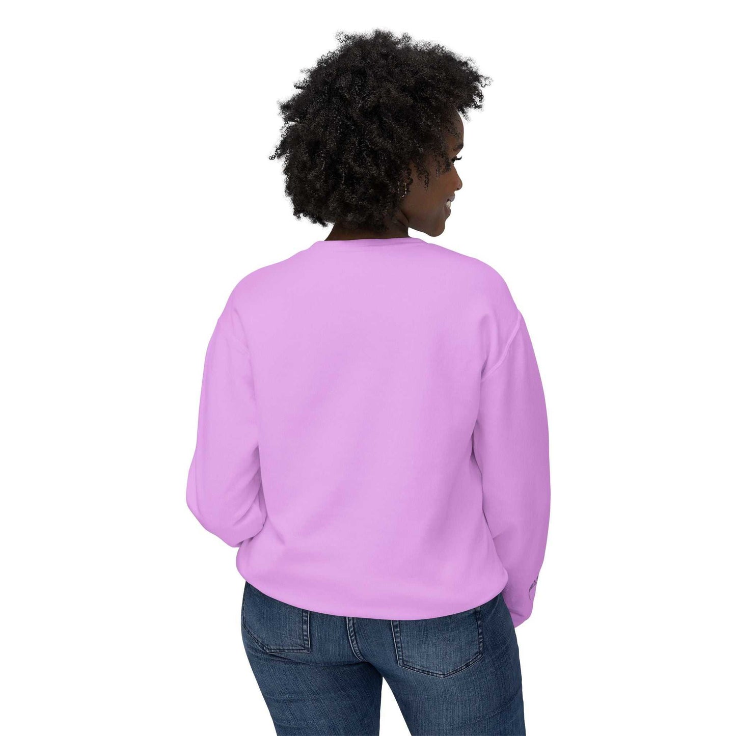 Back view of a person wearing the Queens Mystery Sweatshirt in purple.