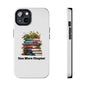 Phone case with a book pile design, ideal for book lovers; durable Lexan plastic with gloss finish.