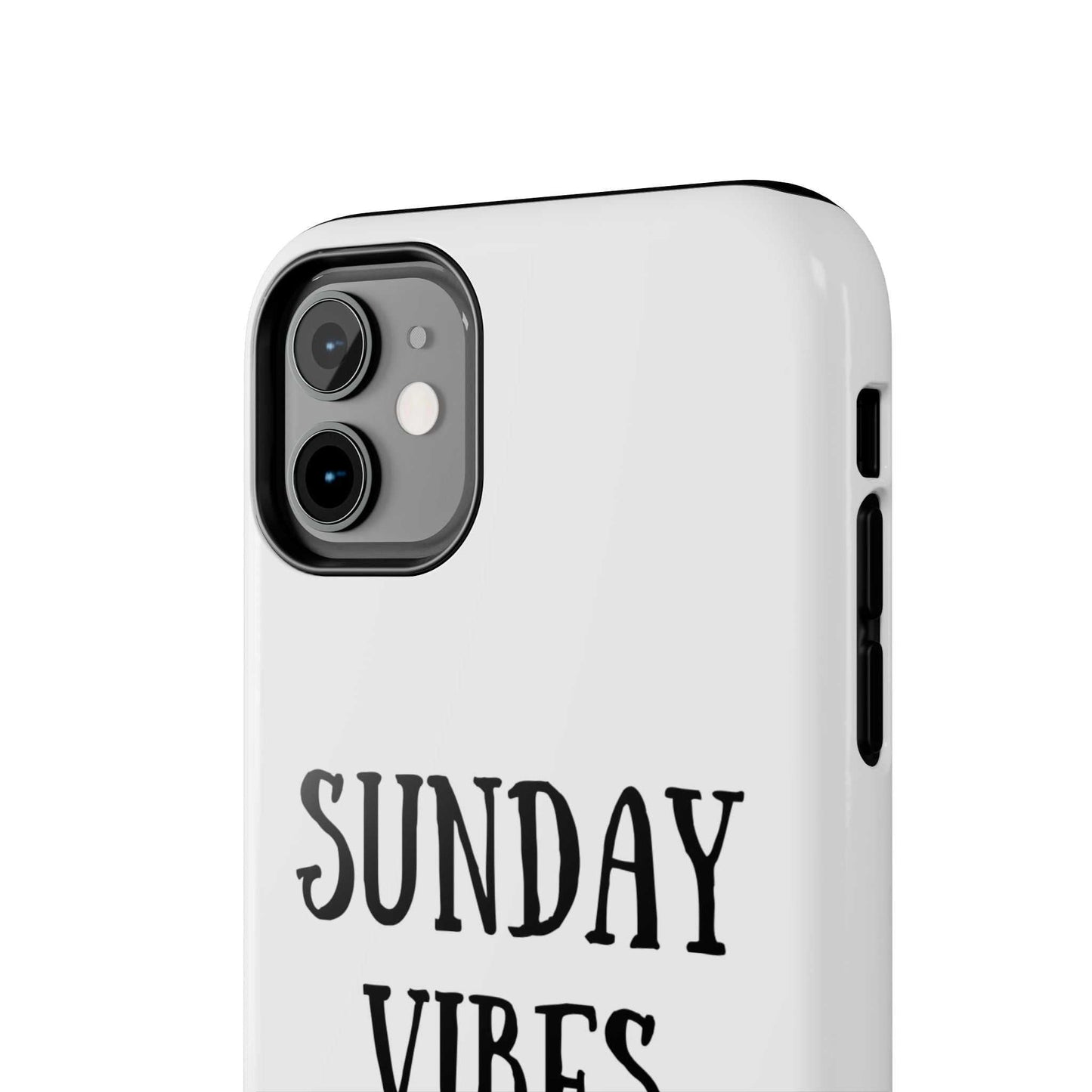 Phone case with 'Sunday Vibes' sun graphic design, durable Lexan plastic, glossy finish.