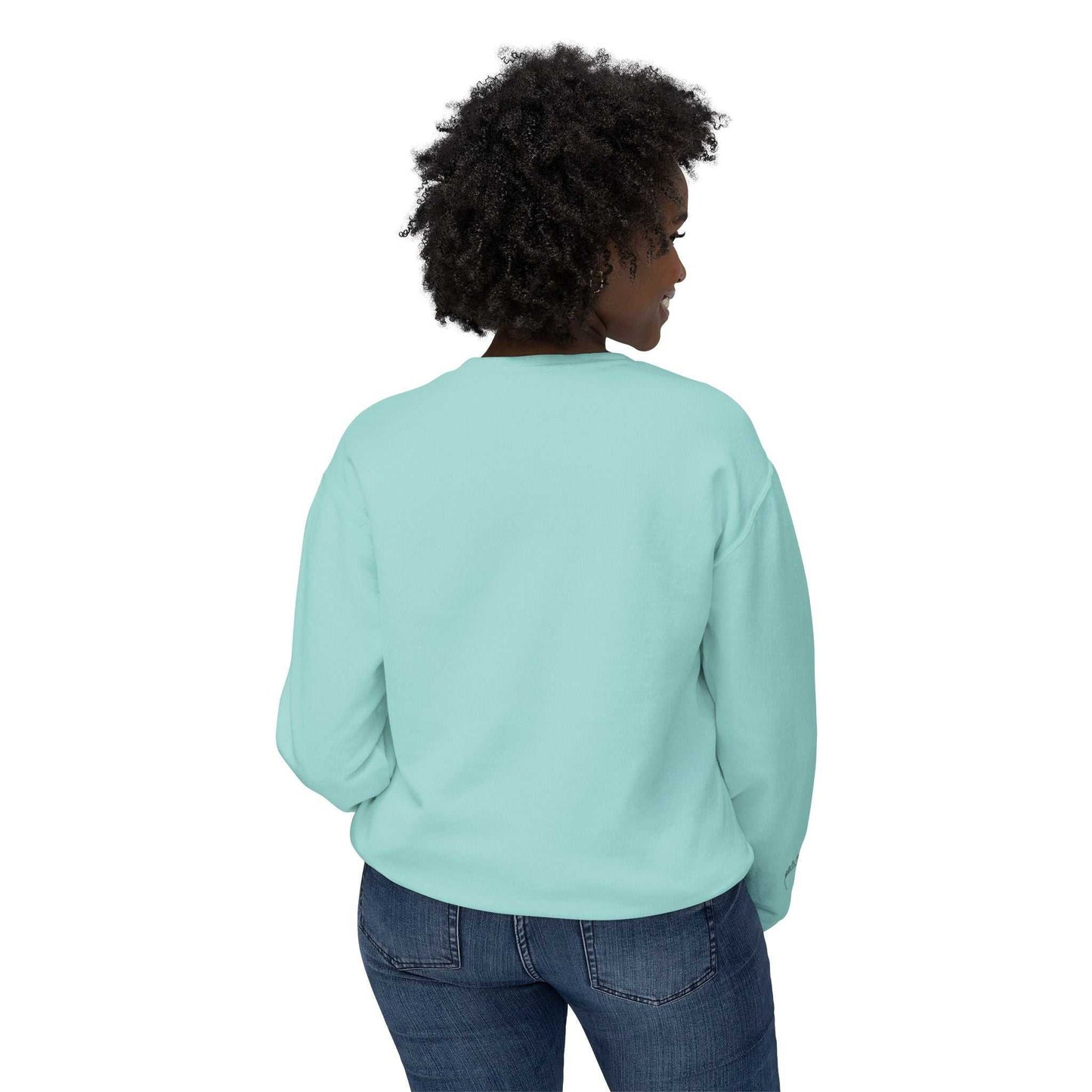 Queens Mystery Sweatshirt in light blue color, featuring a relaxed fit and 100% ring-spun cotton material, suitable for casual wear.