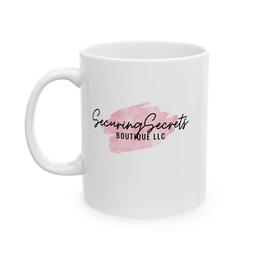 Ceramic coffee mug with Securing Secrets Boutique LLC business logo, available in 11oz and 15oz sizes.