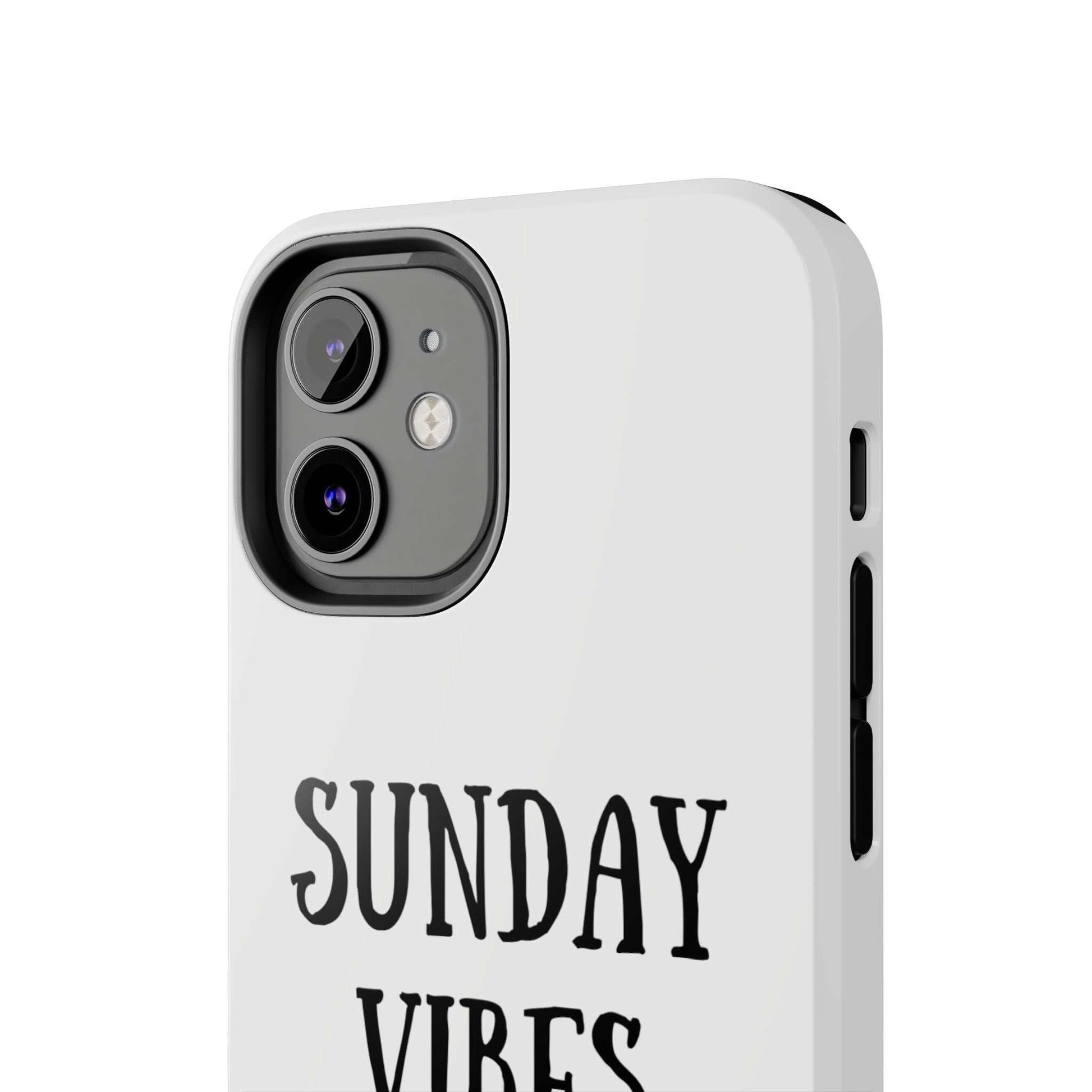 Phone case with 'Sunday Vibes' sun graphic design, durable Lexan plastic, glossy finish.