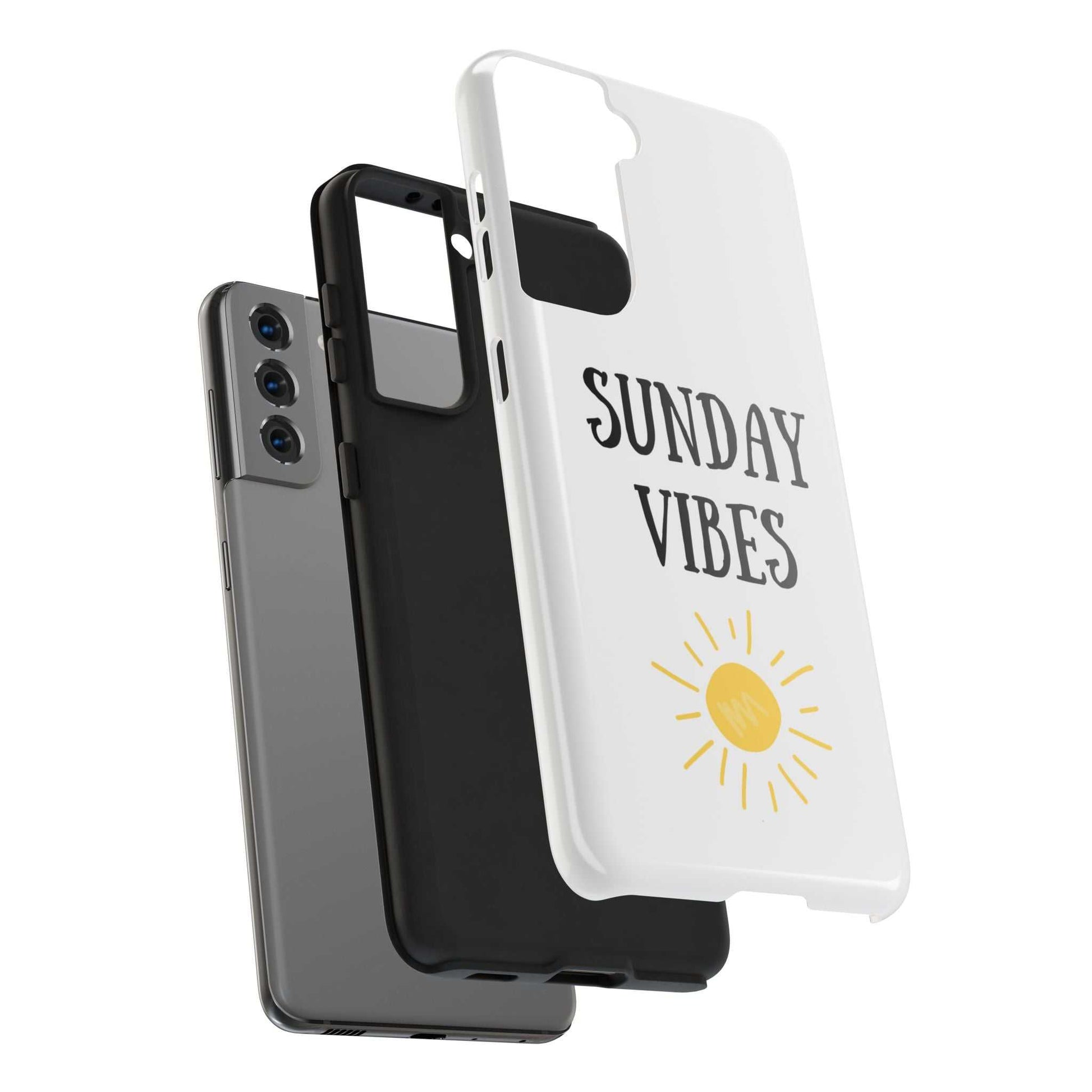 Sunday Vibes phone case with sun graphic design, durable Lexan plastic, glossy finish.