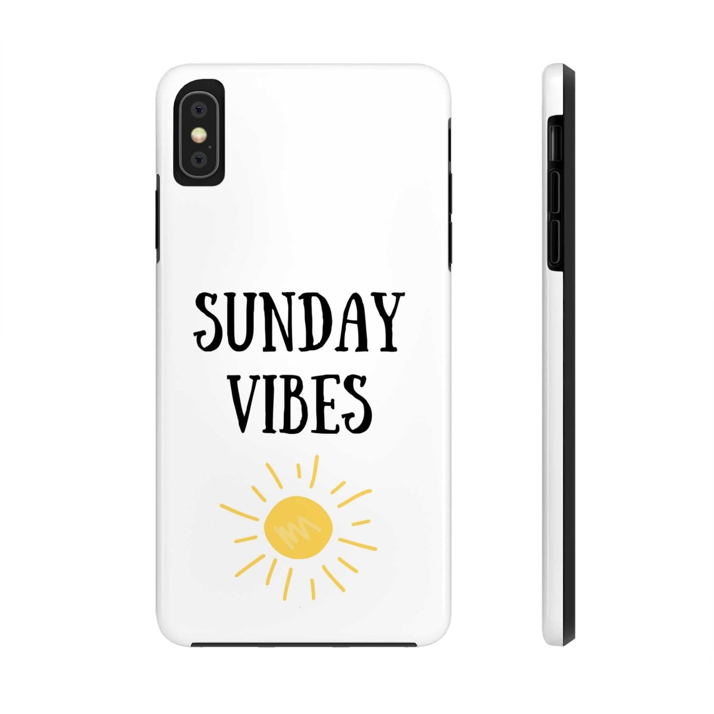 Phone case with 'Sunday Vibes' sun graphic design, durable Lexan plastic, glossy finish.