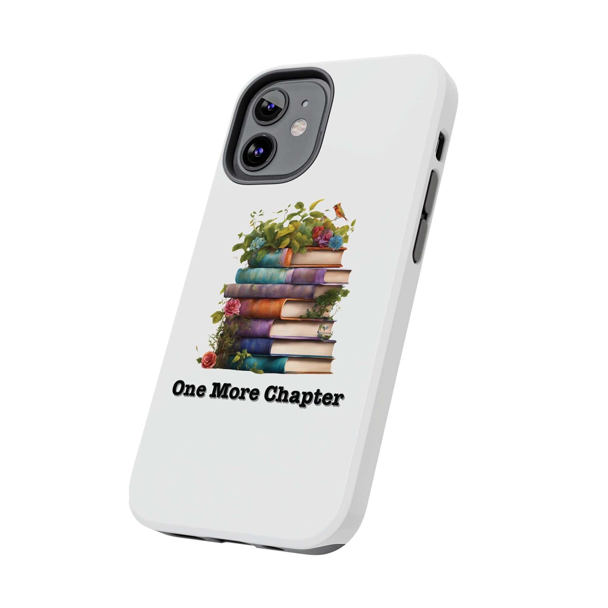 Phone case with book pile design, "One More Chapter" text, ideal for book lovers.