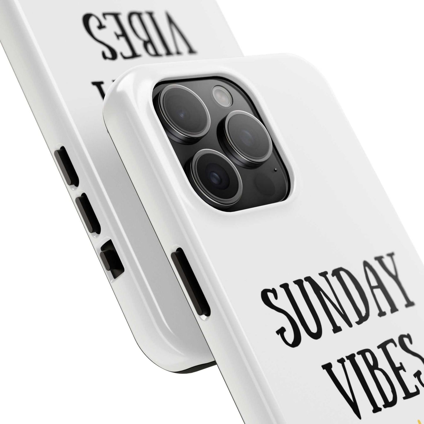 'Sunday Vibes' sun graphic phone case, durable Lexan plastic, glossy finish.