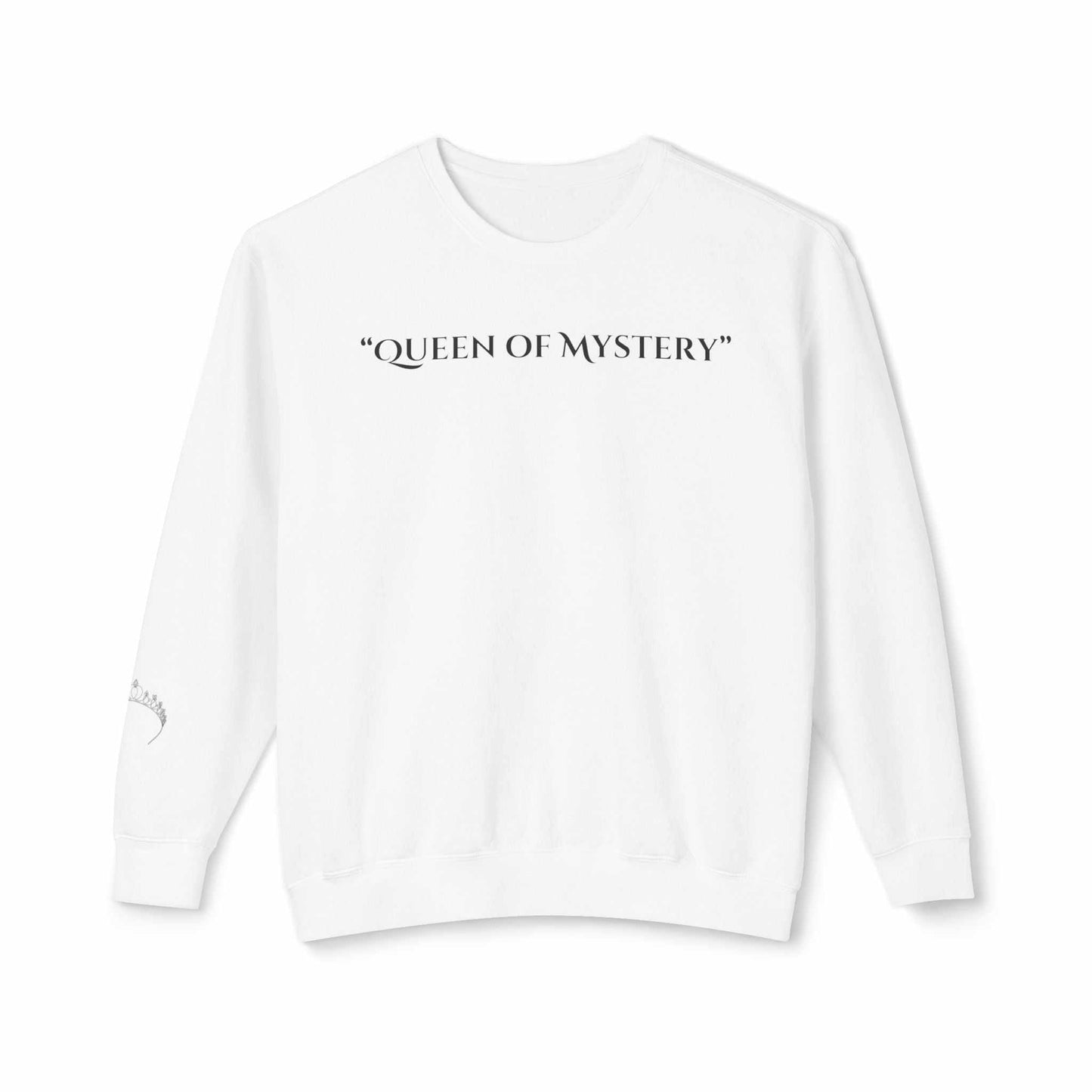 Queens Mystery Sweatshirt with enigmatic design on white background.