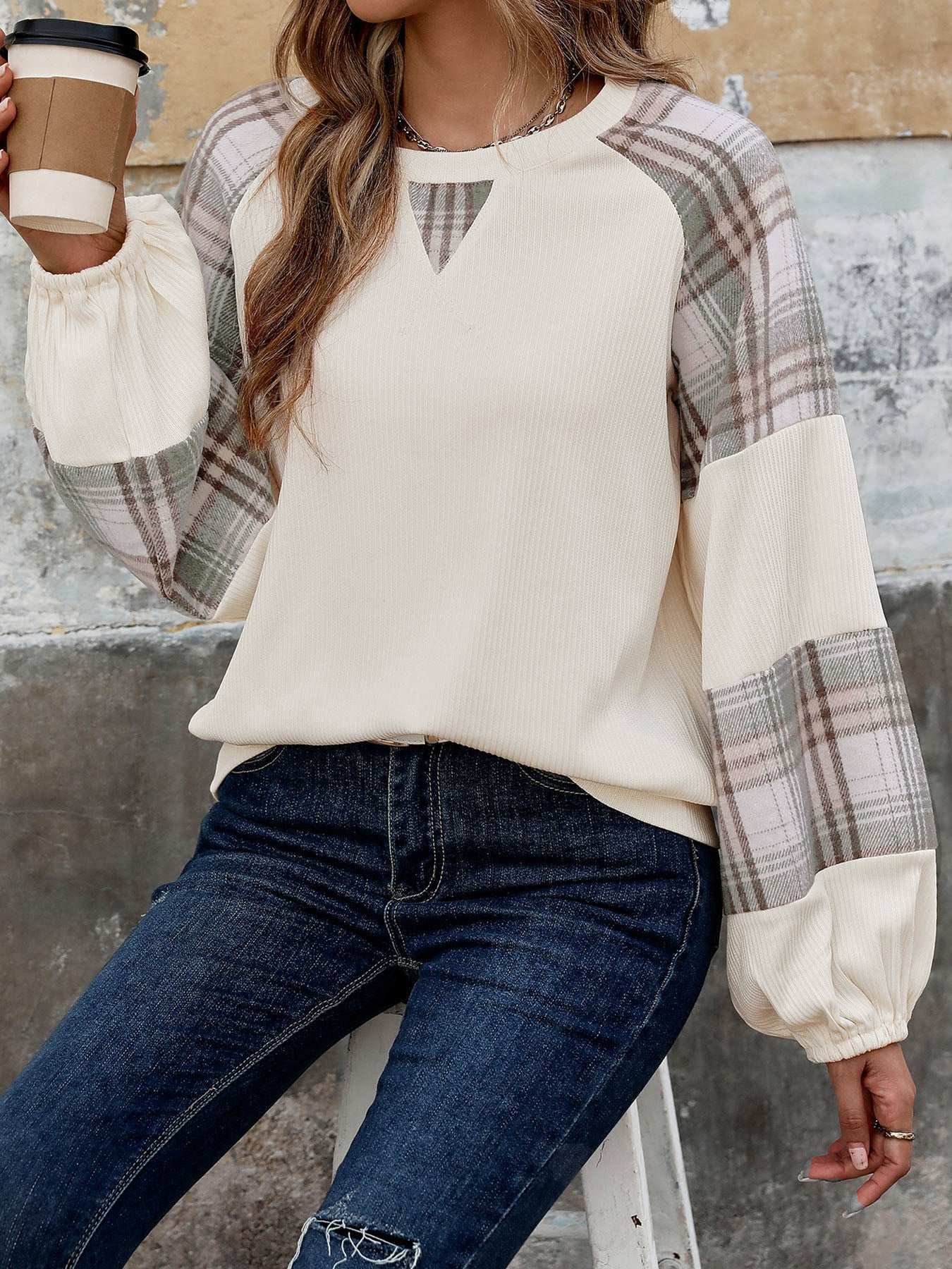 Perfee Plaid Round Neck Long Sleeve Sweatshirt with plaid sleeves and basic style.