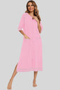 Pink slit round neck night dress with pockets, slightly stretchy, and mid-length sleeves.