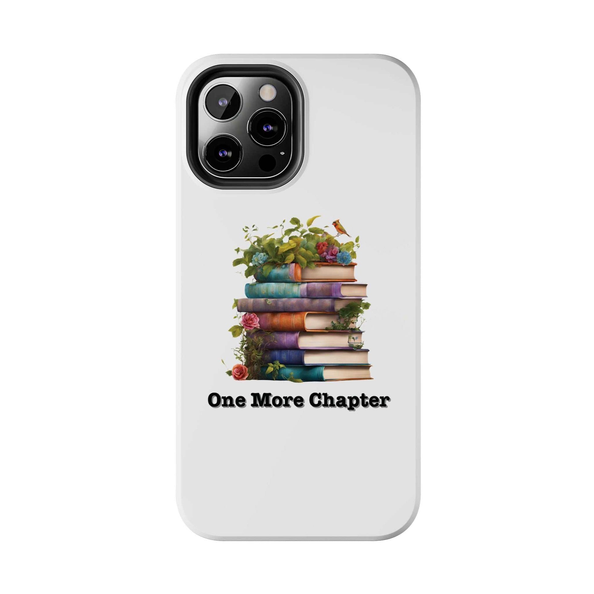 Phone case with book pile design, "One More Chapter," for book lovers.