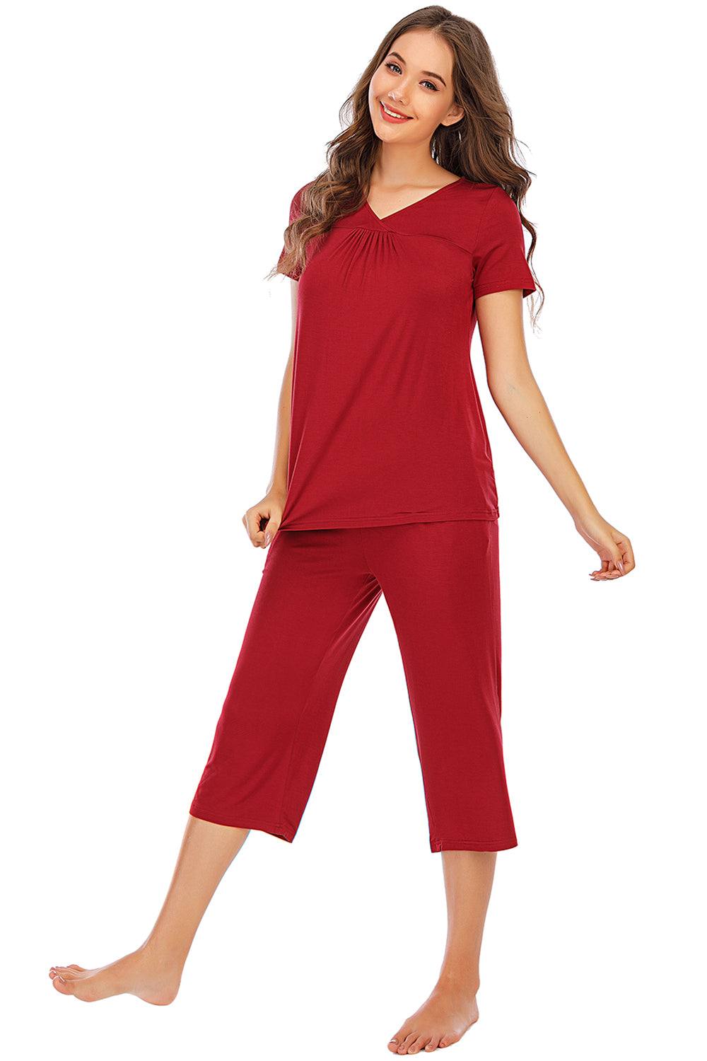 V-Neck short sleeve top and pants lounge set in red, made of rayon and spandex.