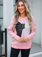 Angel Wings Bow Round Neck Dropped Shoulder Sweater in pink with bow design, moderate stretch, 100% acrylic.