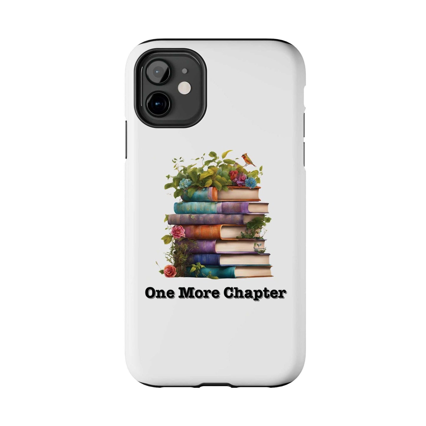 Phone case with book pile design and "One More Chapter" text, durable Lexan plastic, stylish gift for book lovers.