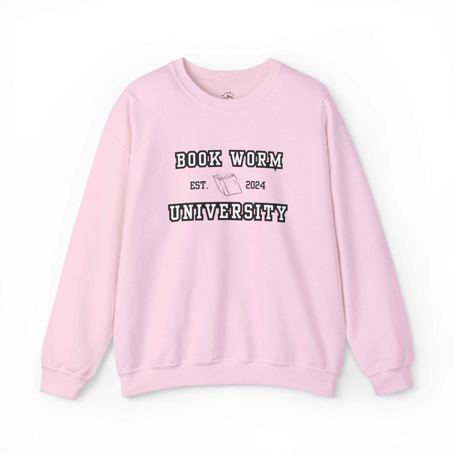 Pink Bookworm University Crewneck Sweatshirt with "Est 2024" design, cotton-polyester blend.