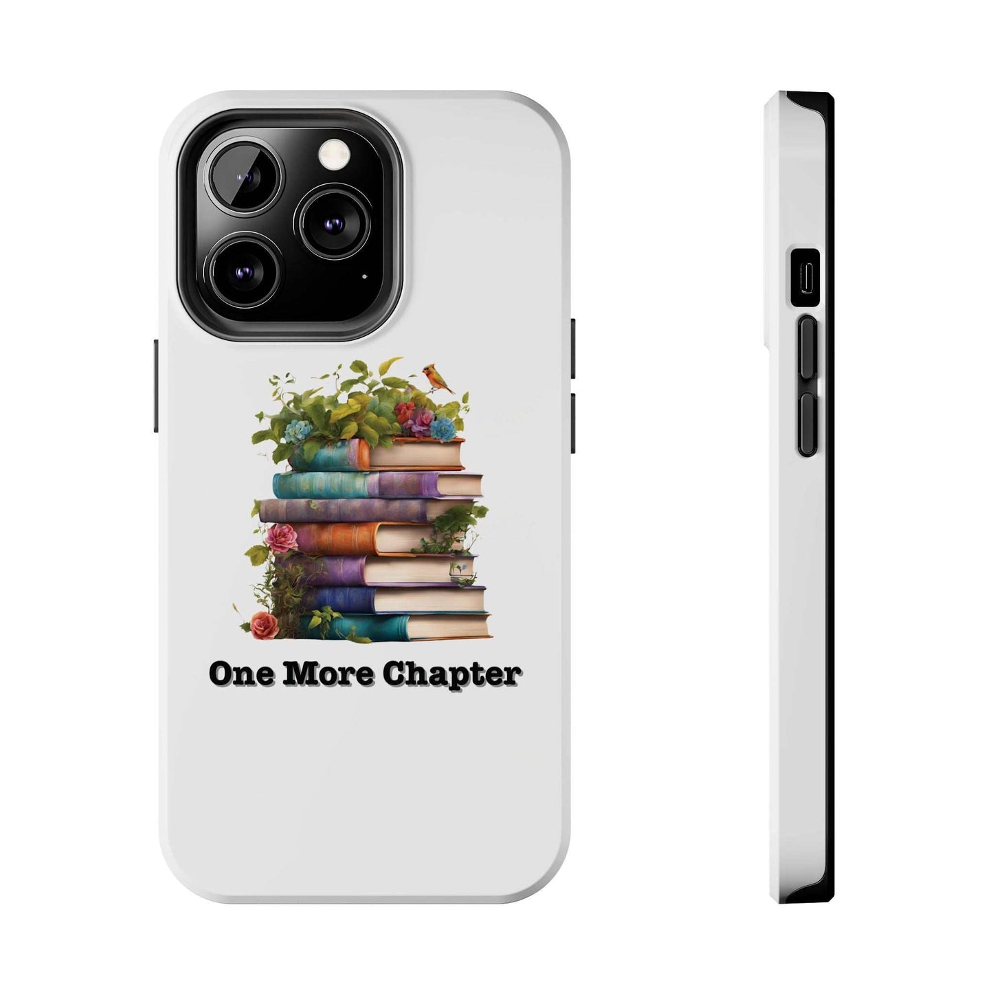 Phone case with a book pile design, durable Lexan plastic, lay-flat bezel, flexible rubber liner, glossy finish, and UV protection. Ideal for book lovers.