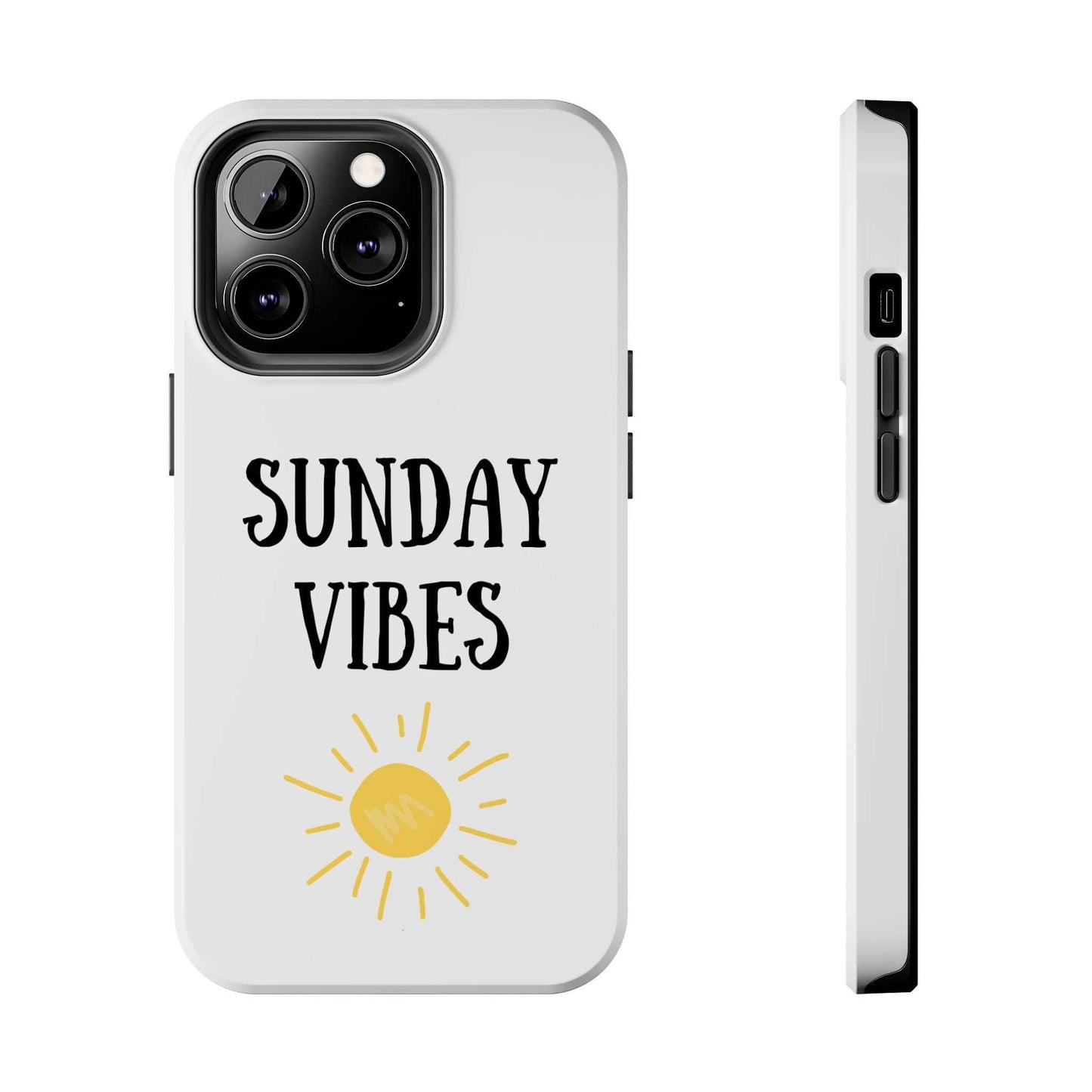 Sunday Vibes phone case with sun graphic design, durable Lexan plastic, glossy finish.