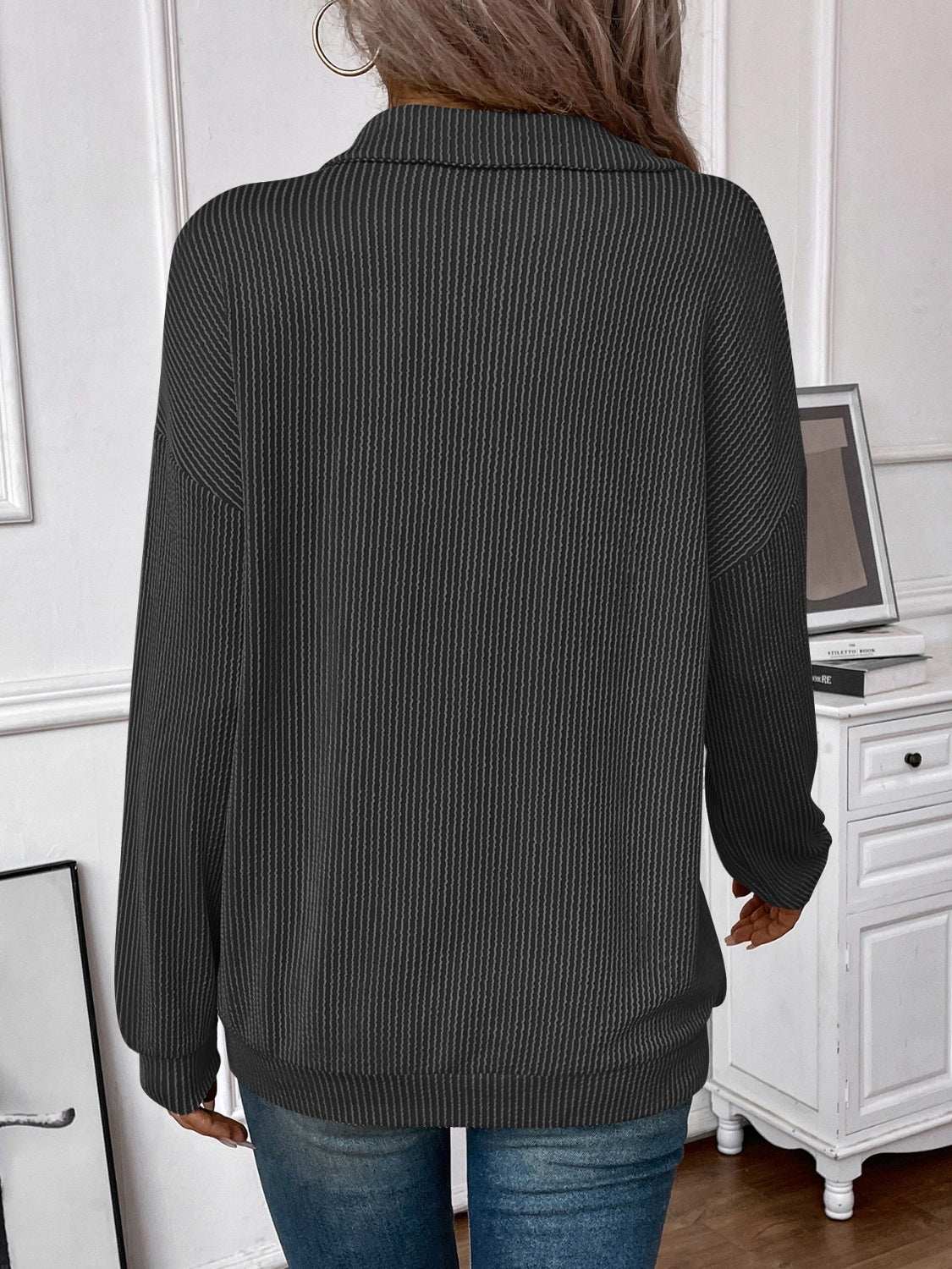 Double Take Striped Half Zip Long Sleeve T-Shirt Success Dark Gray