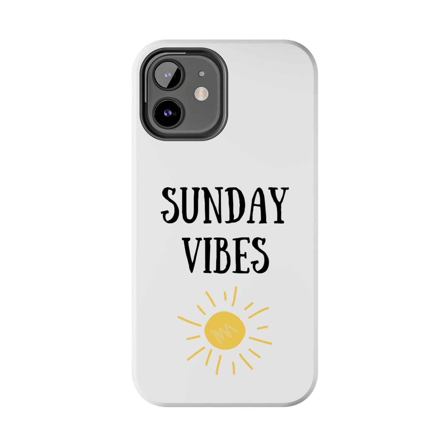 Phone case with 'Sunday Vibes' and sun graphic design on durable Lexan plastic.