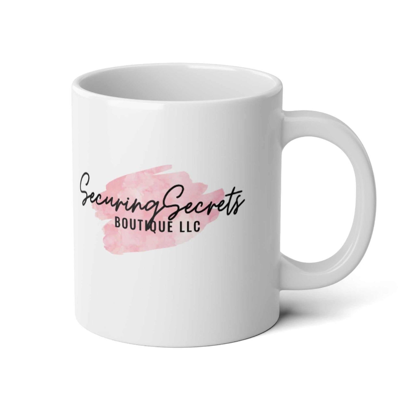 20oz Jumbo Mug featuring Securing Secrets Boutique LLC logo, durable ceramic, microwave and dishwasher safe.