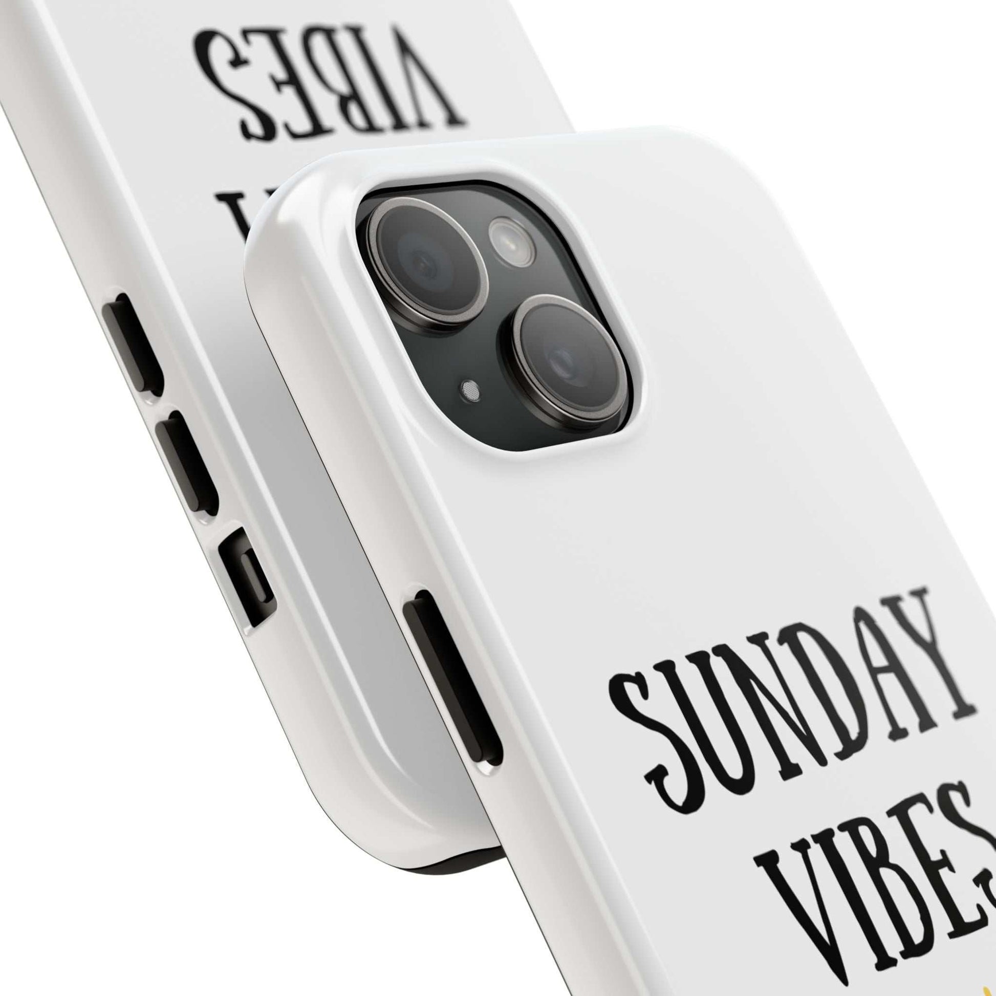 Phone case with "Sunday Vibes" sun graphic design, durable Lexan plastic with glossy finish.