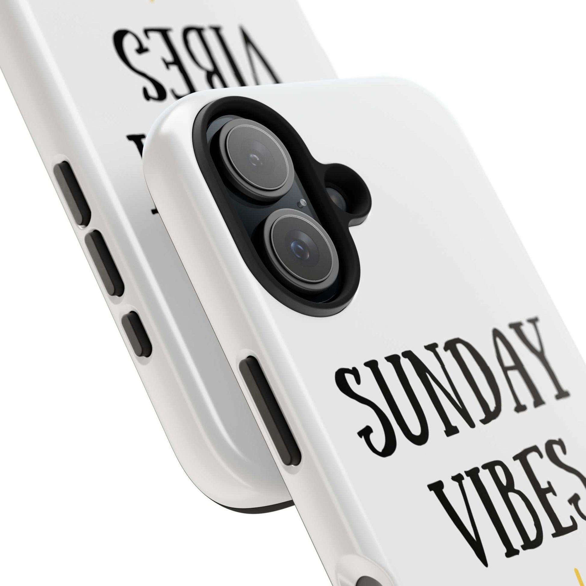 Sunday Vibes phone case with sun graphic design, durable Lexan plastic, glossy finish.