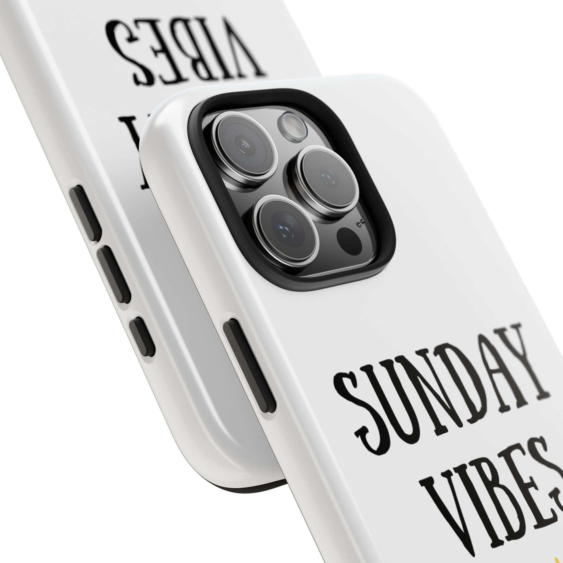 Phone case with 'Sunday Vibes' sun graphic, durable Lexan plastic, glossy finish.