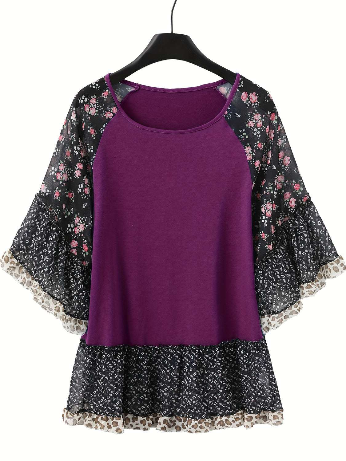 Full size frill printed blouse with round neck and half sleeves.