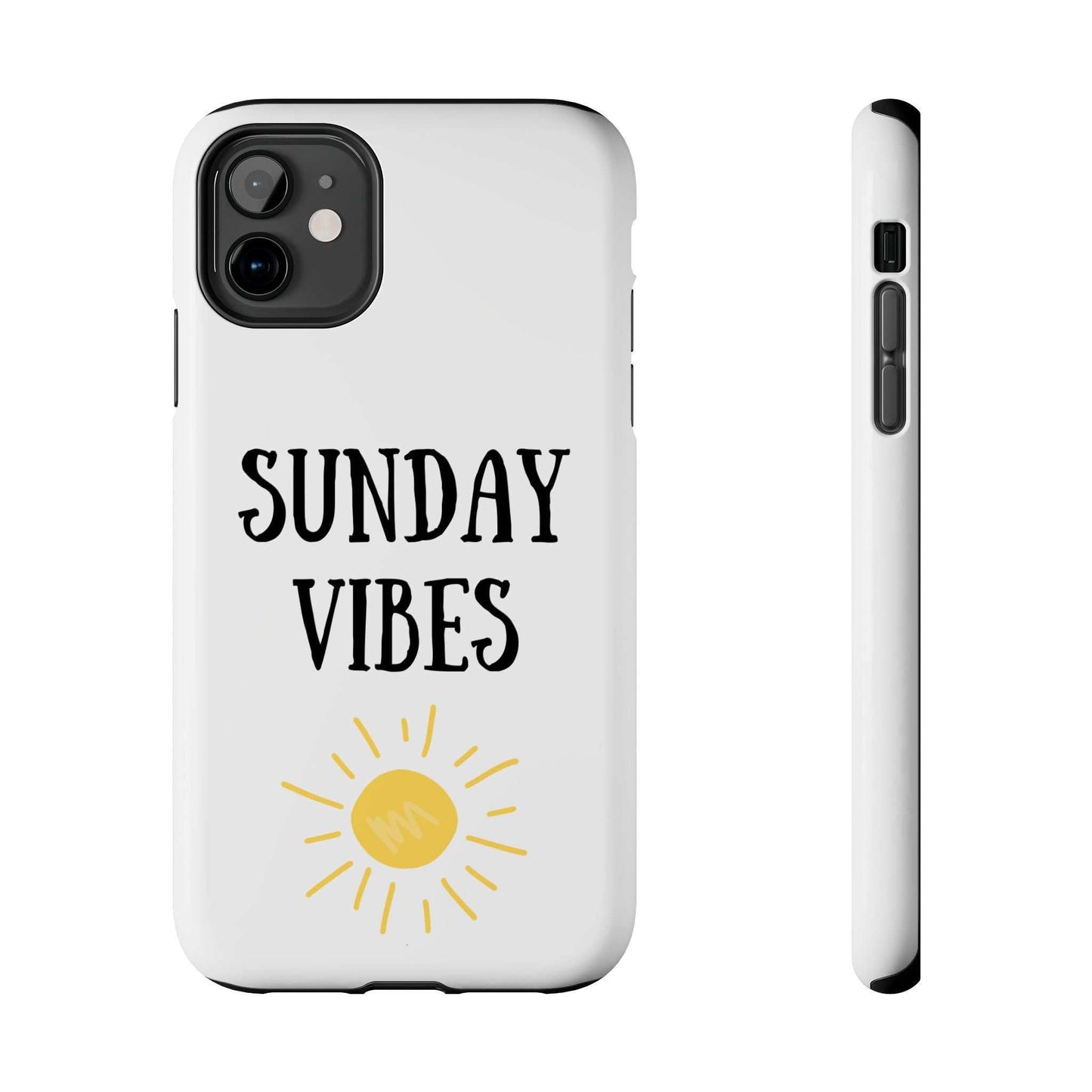 Phone case with 'Sunday Vibes' sun graphic design, durable Lexan plastic, glossy finish.